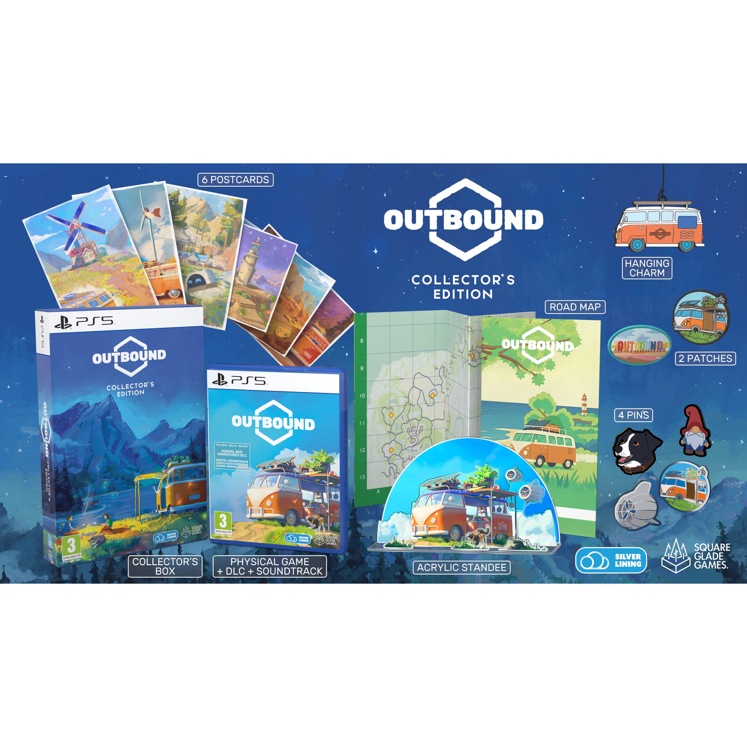 Outbound Collector's Edition: Game, postcards, patches, pins, charm, and acrylic standee.
