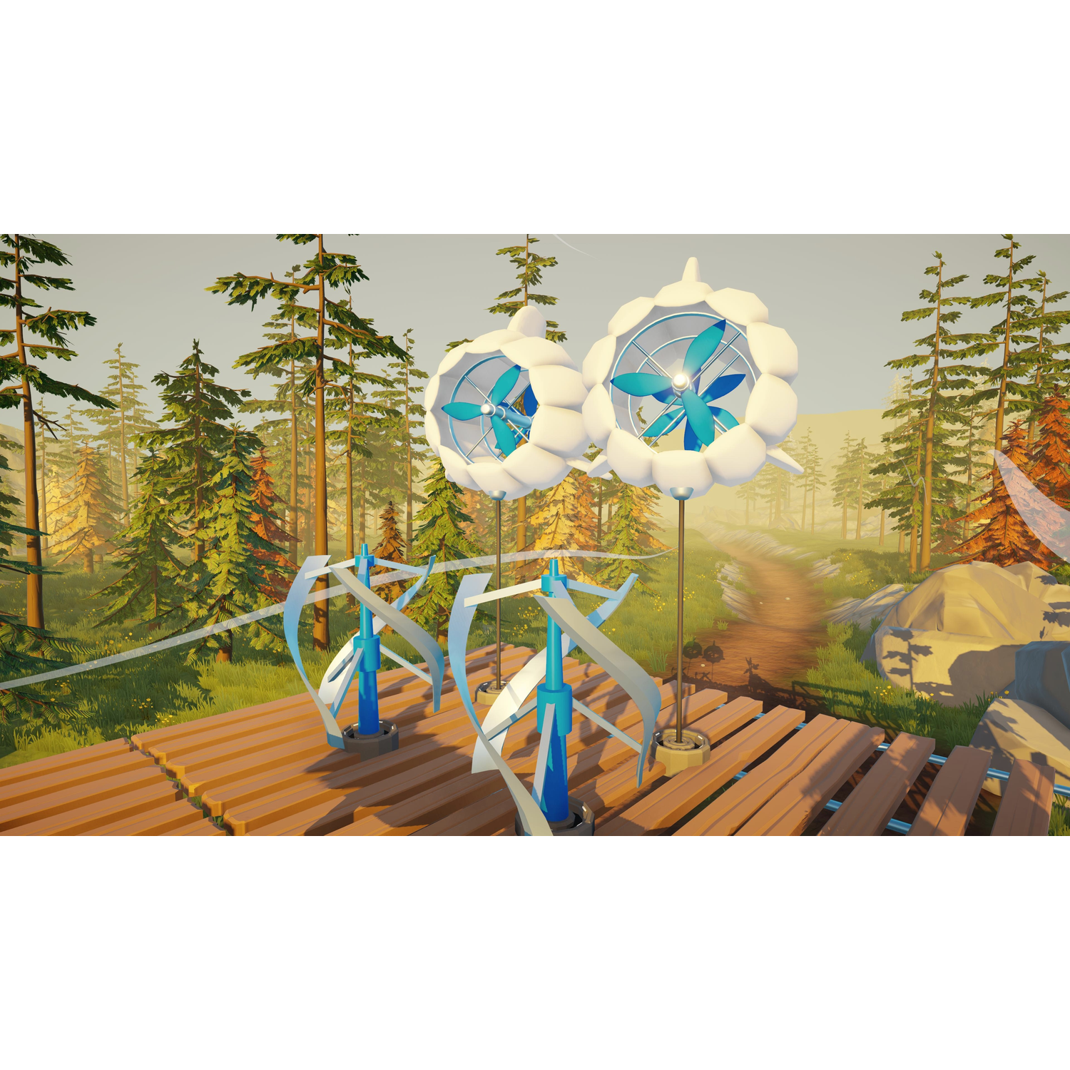 Two novel wind turbines with blue blades stand on a wooden walkway in a forest.