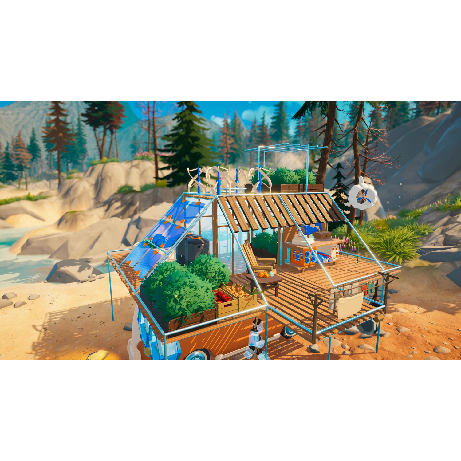 A stylized campervan with a greenhouse and deck, set on a beach with trees and mountains.
