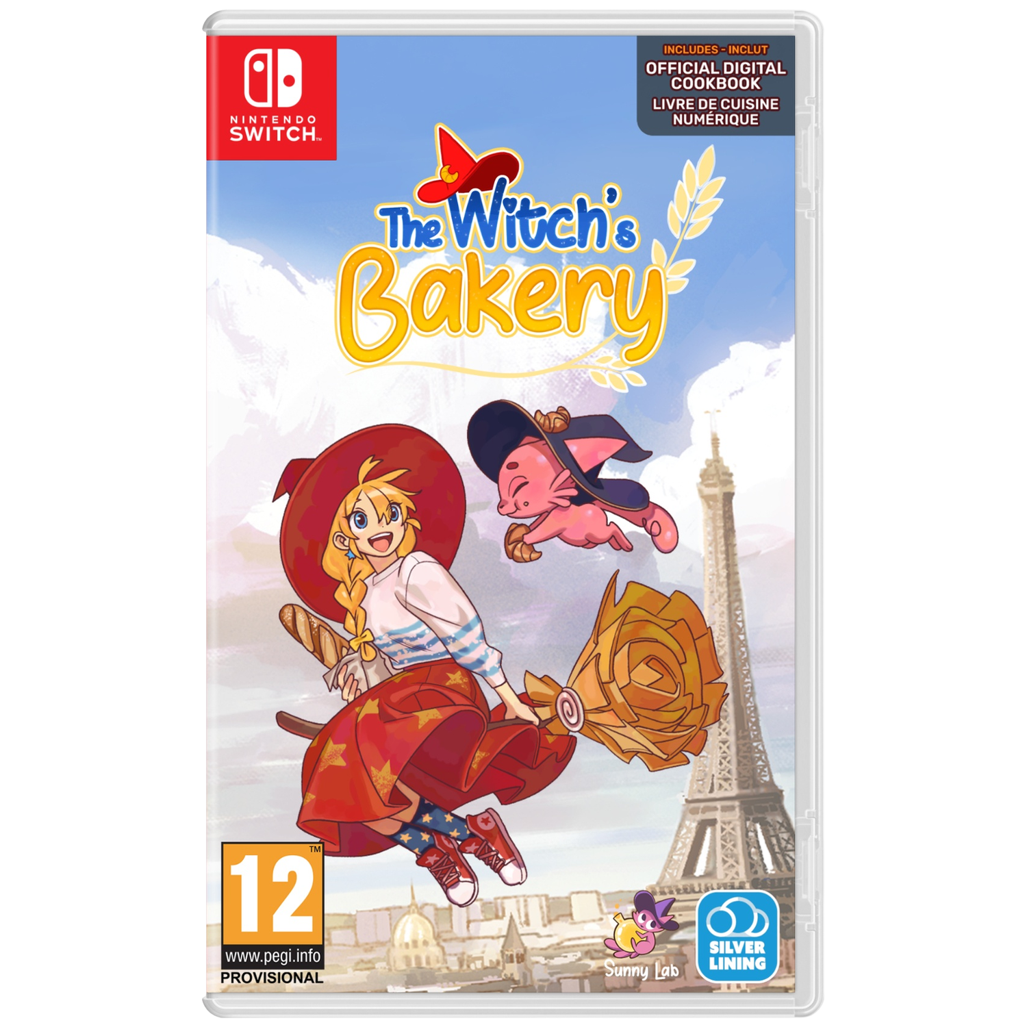 Een heks vliegt op een bezem over Parijs, met een varken en de Eiffeltoren op de achtergrond.