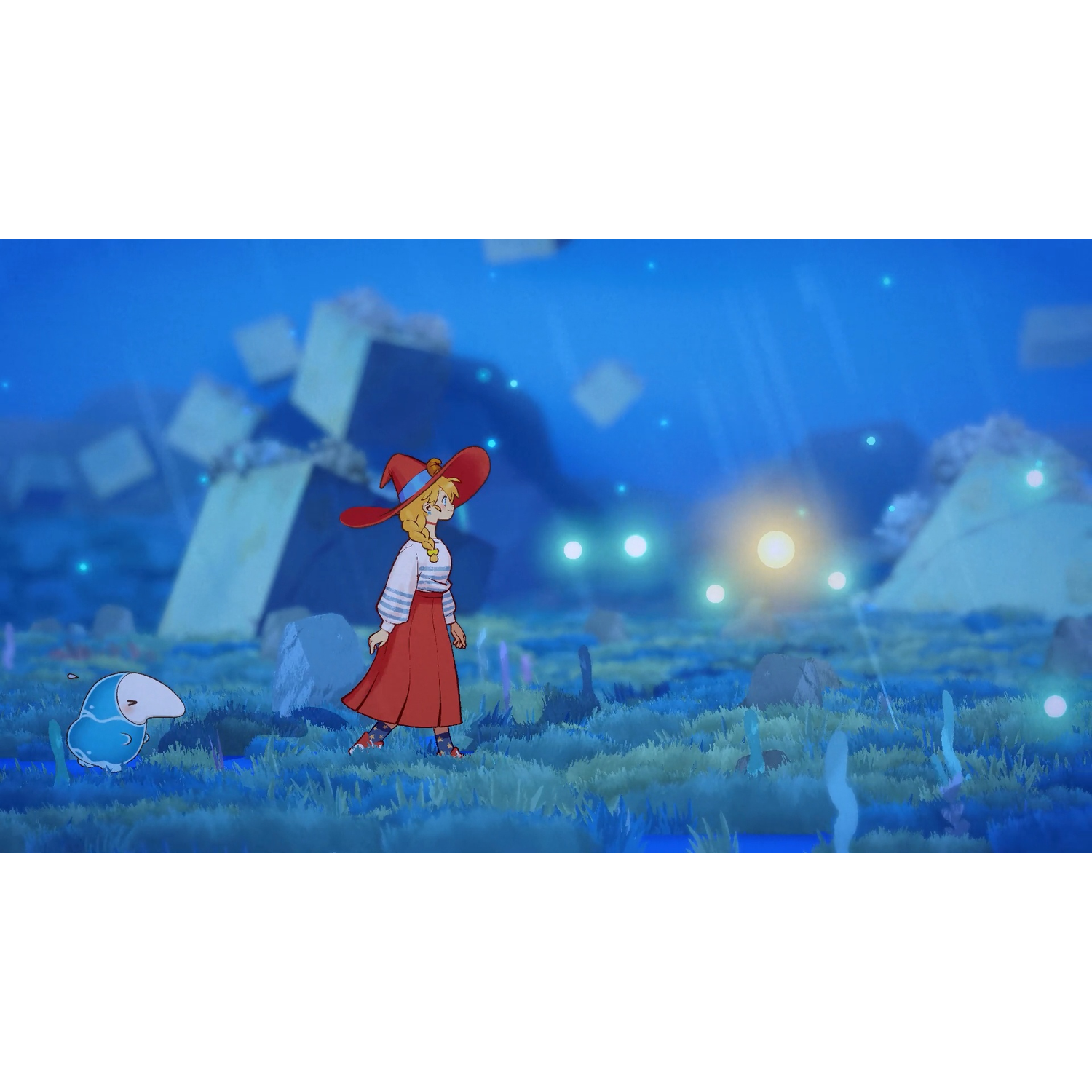 A girl with a hat and a creature walk through a blue fantasy world.