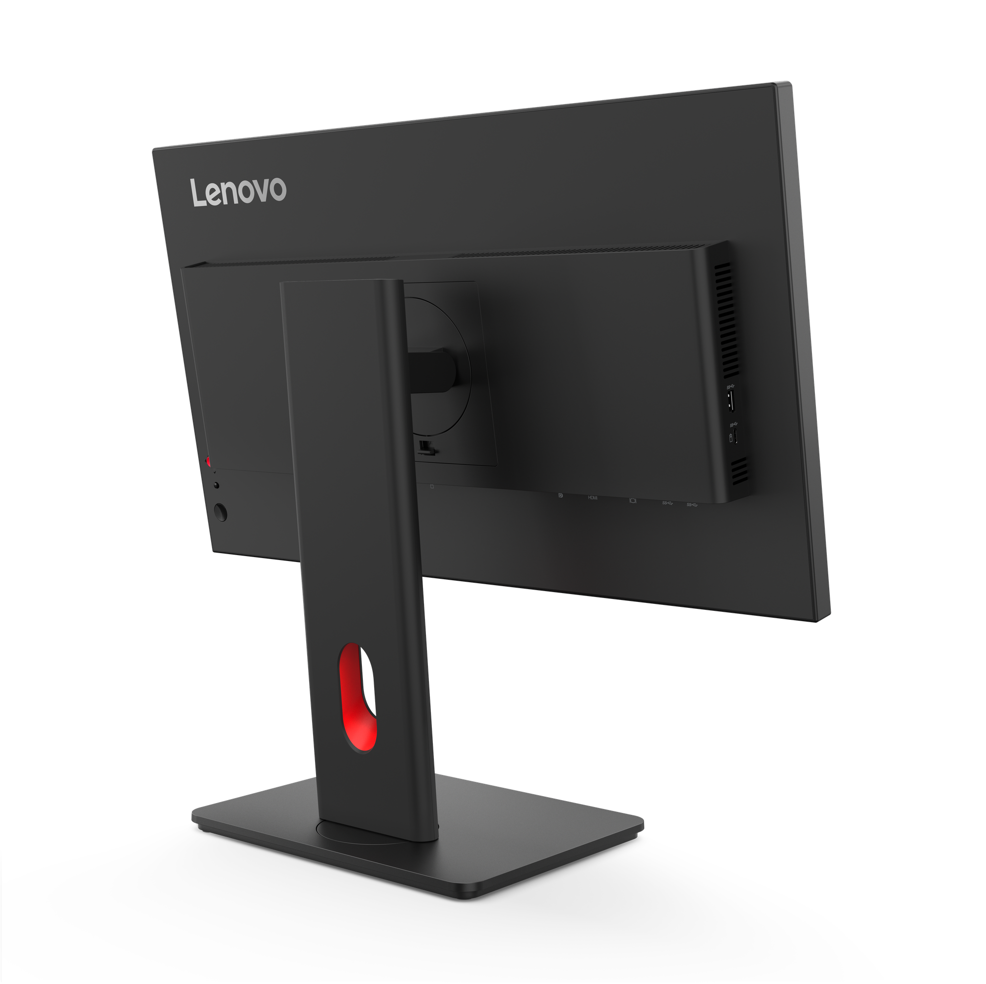 Rückseite eines schwarzen Lenovo Monitors mit Anschlüssen und rotem Akzent.