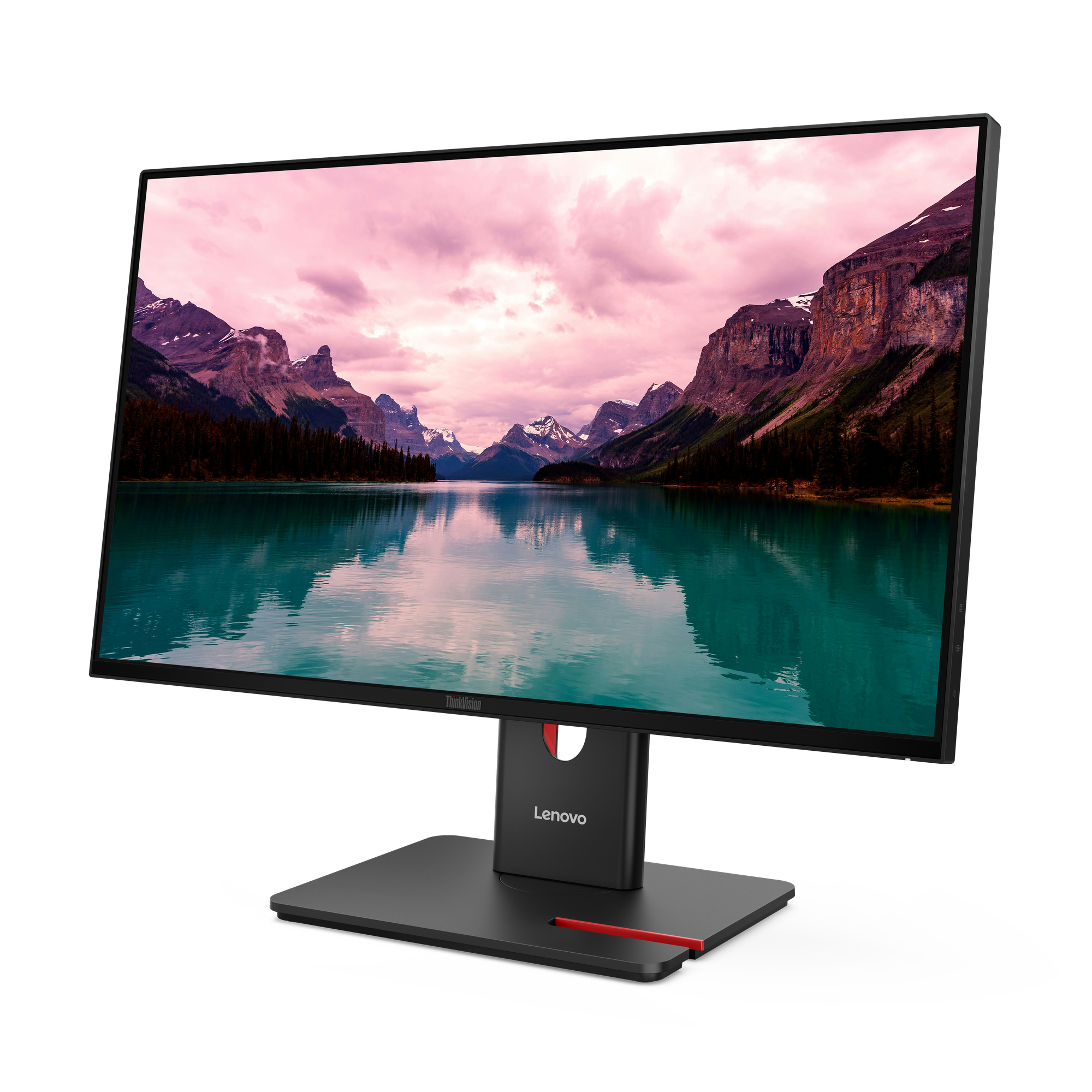 Ein Monitor zeigt eine Berglandschaft mit See und rosa Wolken.
