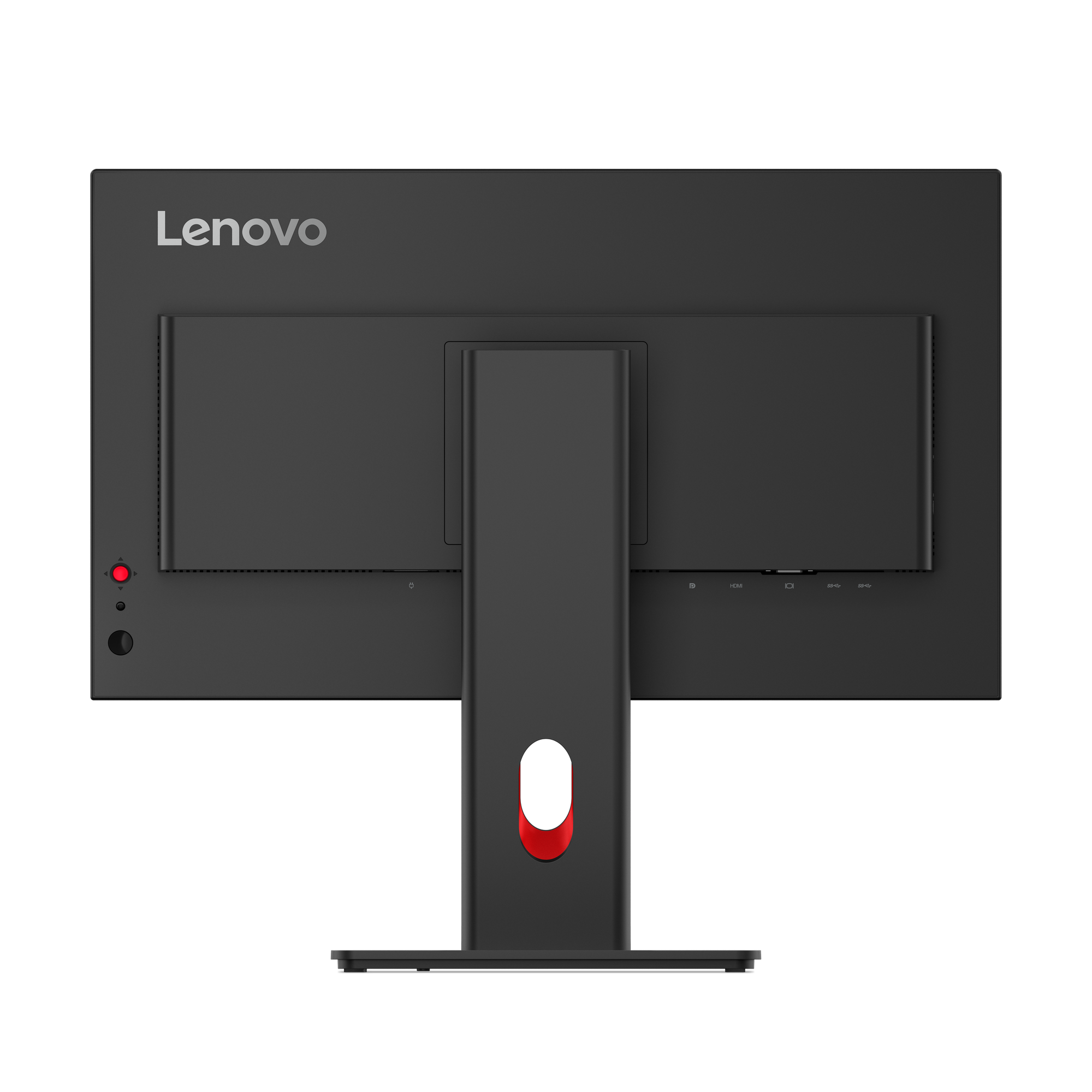 Rückseite eines schwarzen Lenovo Monitors mit silbernem Logo und Anschlüssen.