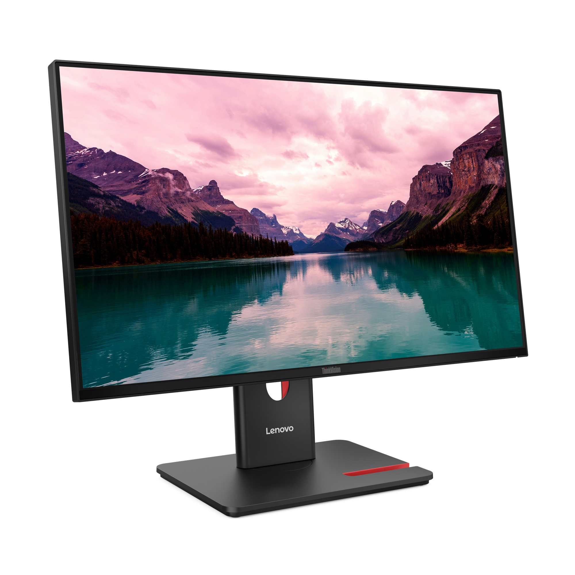 Ein Lenovo Monitor zeigt eine malerische Bergsee-Landschaft mit rosa Wolken.