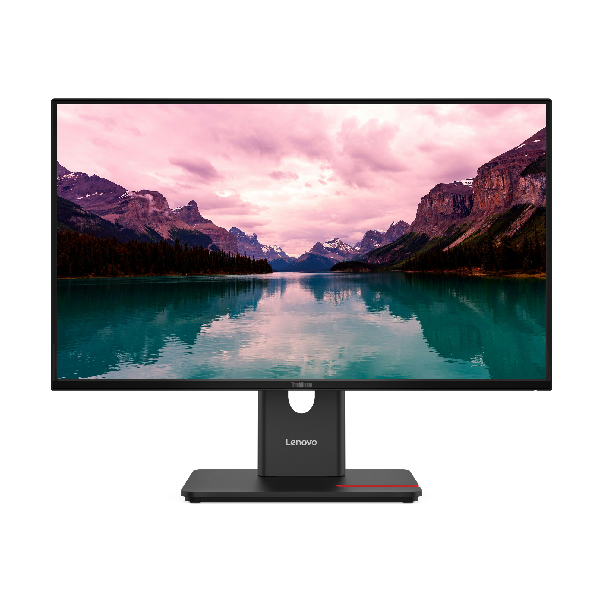 Ein Lenovo Monitor zeigt eine Berglandschaft mit See und rosa Himmel.