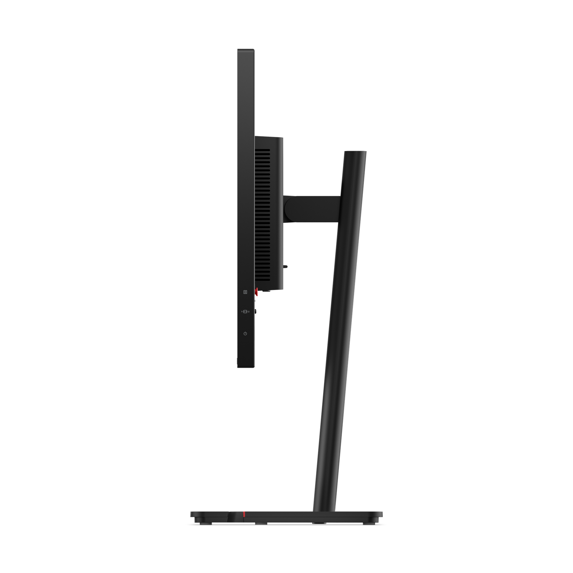 Ein schwarzer Computermonitor mit Standfuß, von der Seite gesehen.