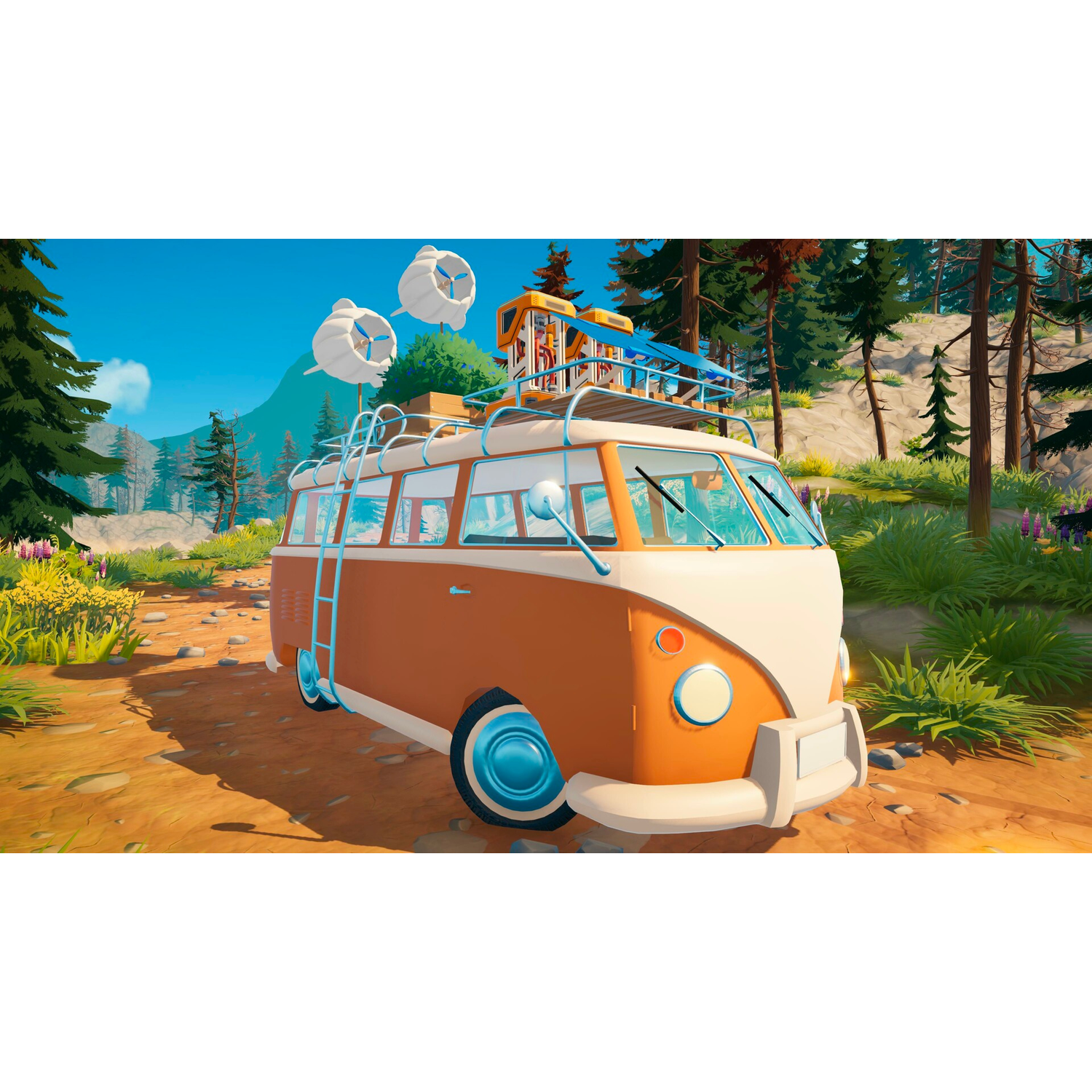 Orange campervan with roof rack and two propellers in a forest setting.