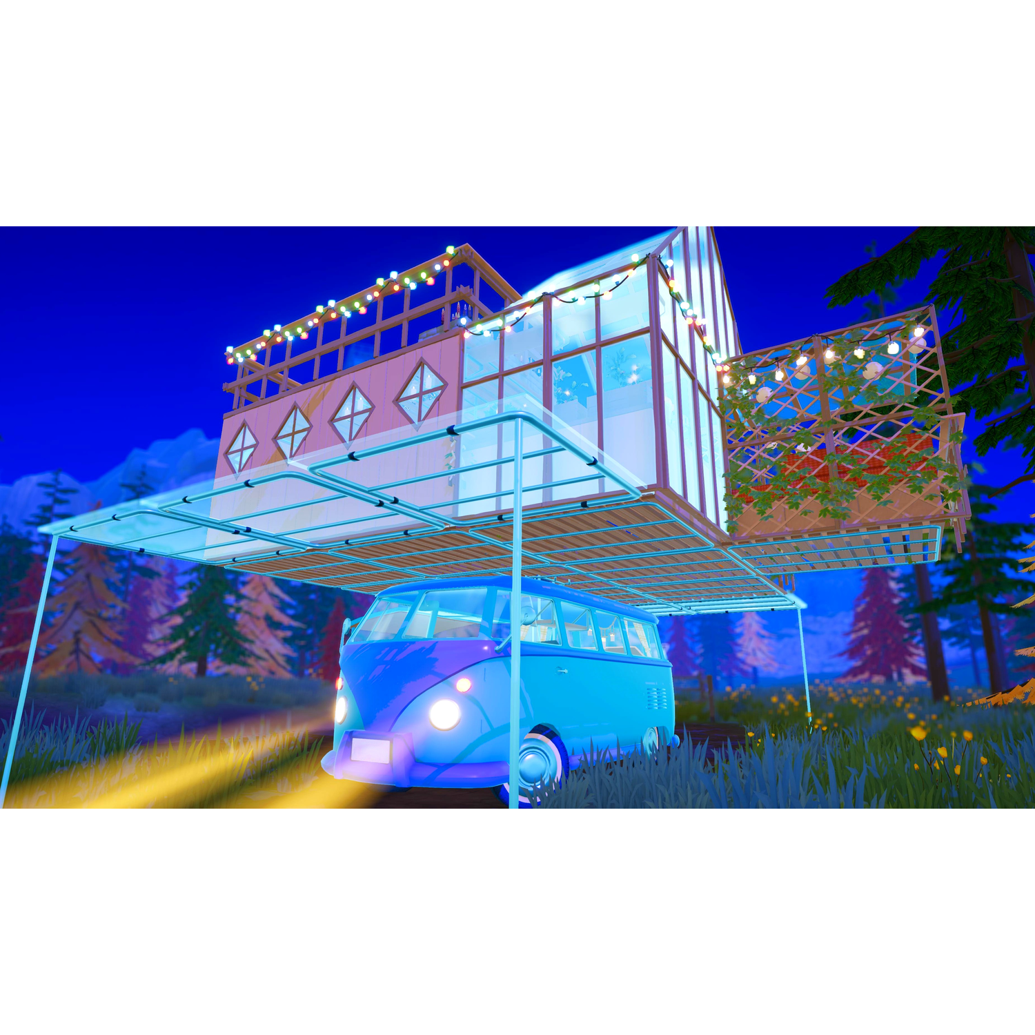 A blue camper van under a canopy with string lights, next to a house.