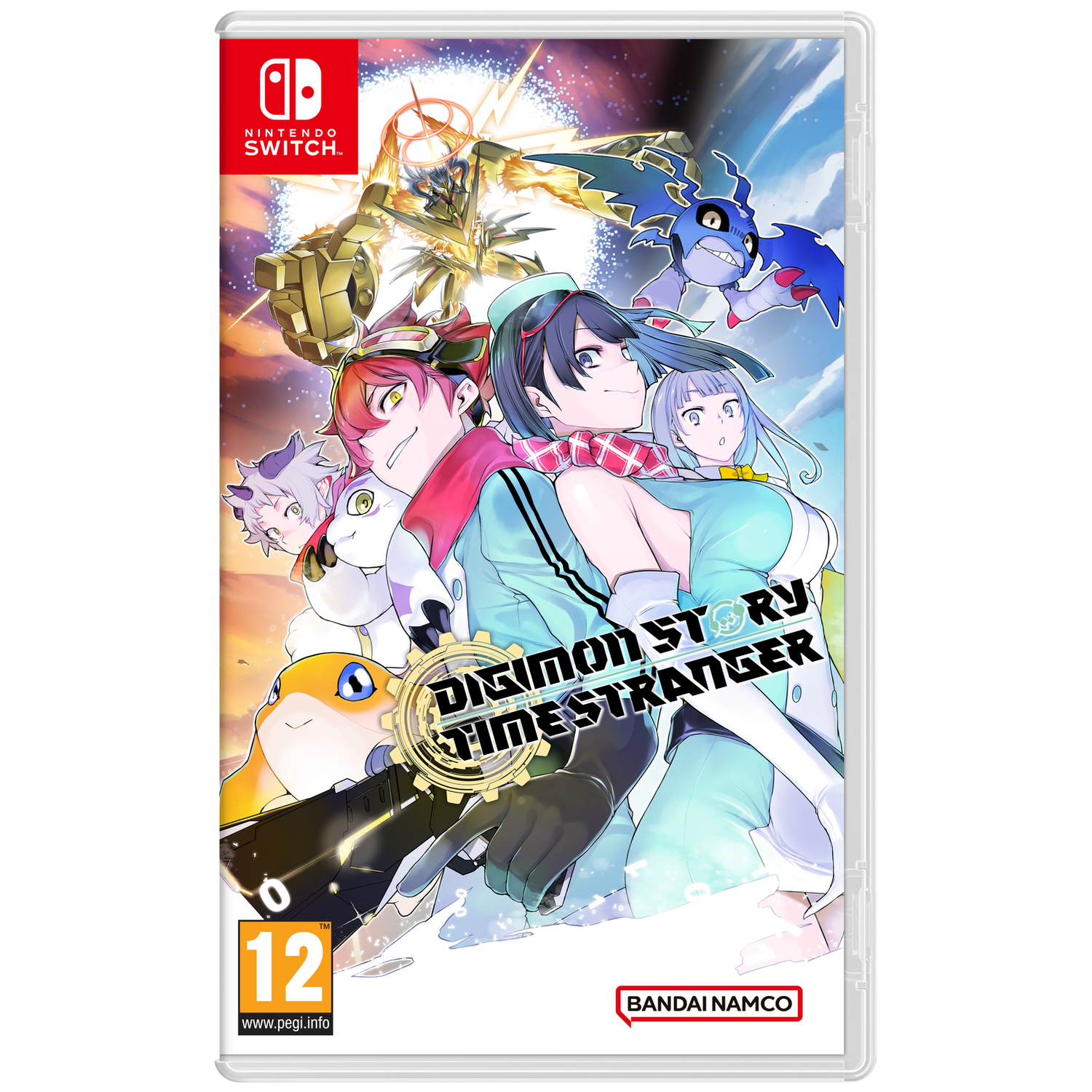 Digimon Story Cyber Sleuth Hacker's Memory game cover met personages en Nintendo Switch logo.