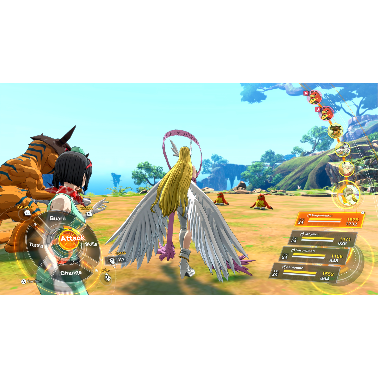 Anime-stijl spel met Digimon. Een gevleugelde vrouw staat voor twee Digimon in gevecht.
