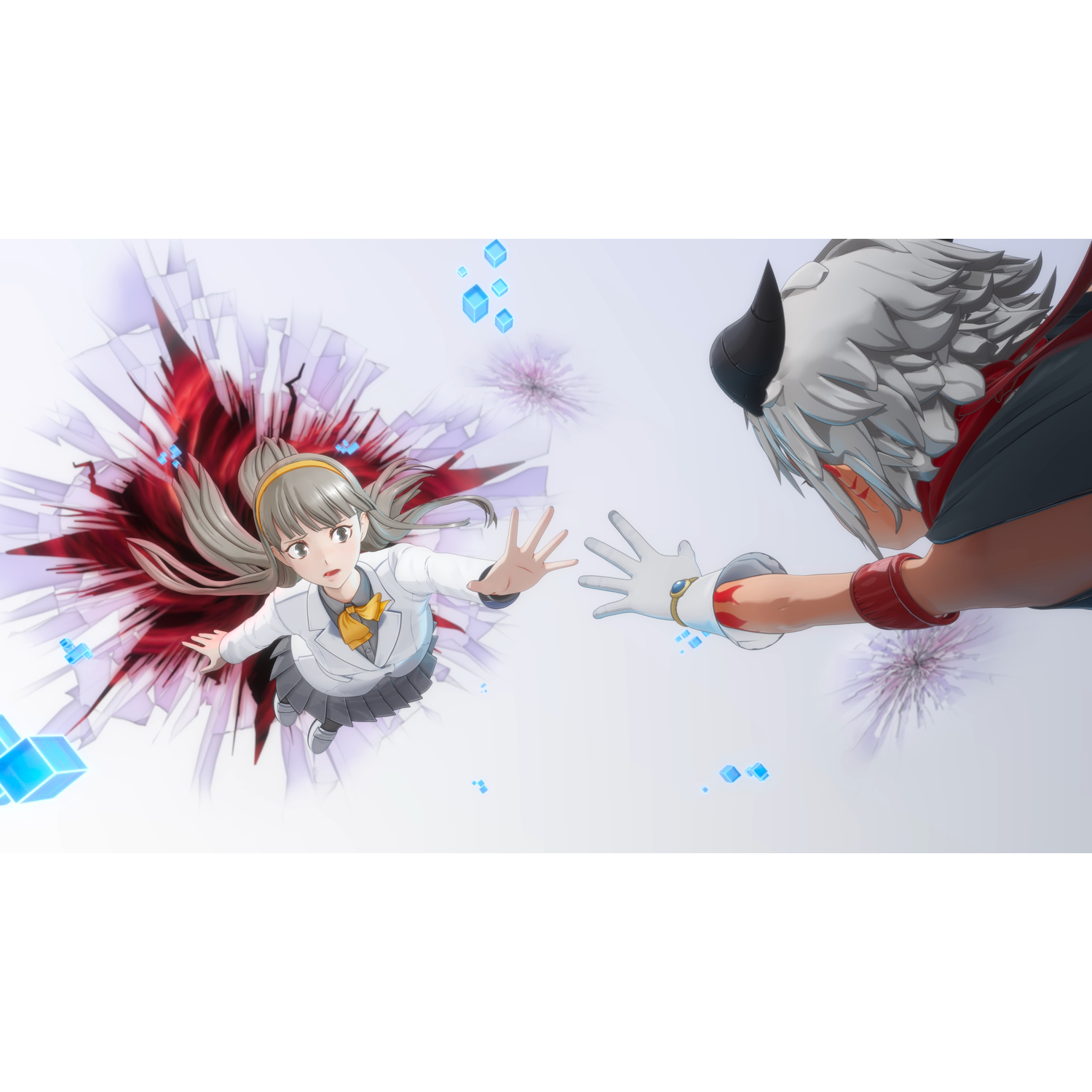 Anime girl in school uniform reaches out to a horned being amidst abstract shapes.