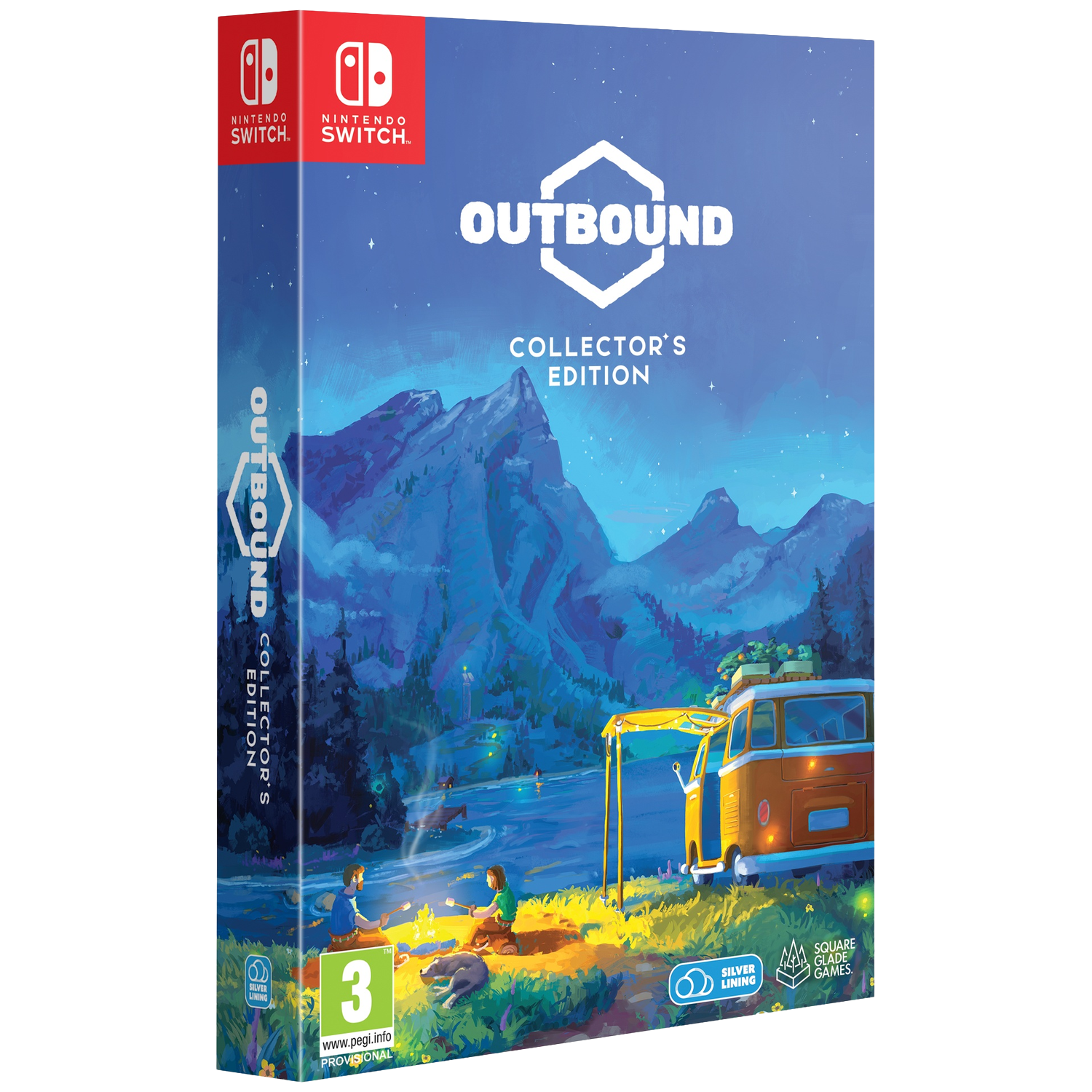 Een Nintendo Switch spel met berglandschap, camper en kampvuur.