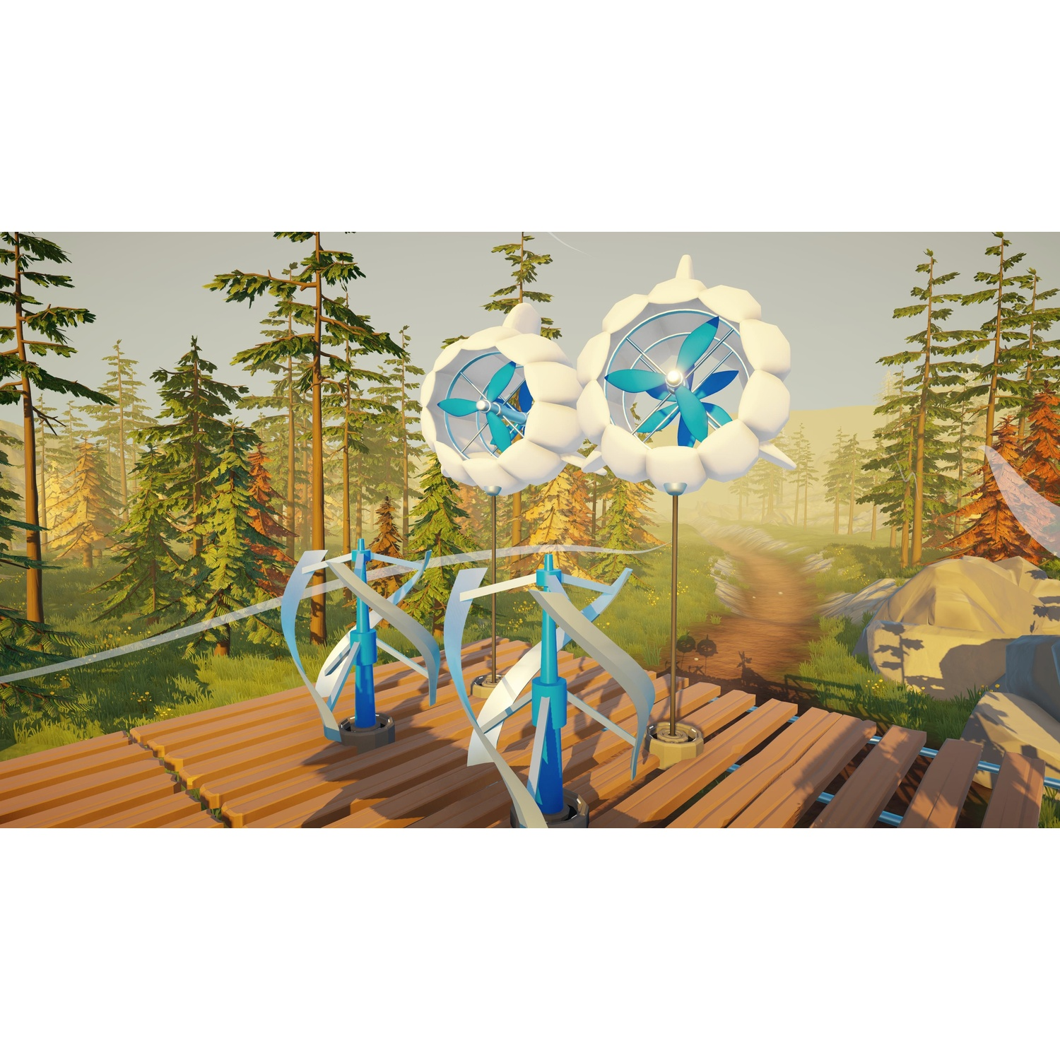 Twee witte wolk-vormige windturbines met blauwe bladen staan op een houten platform.