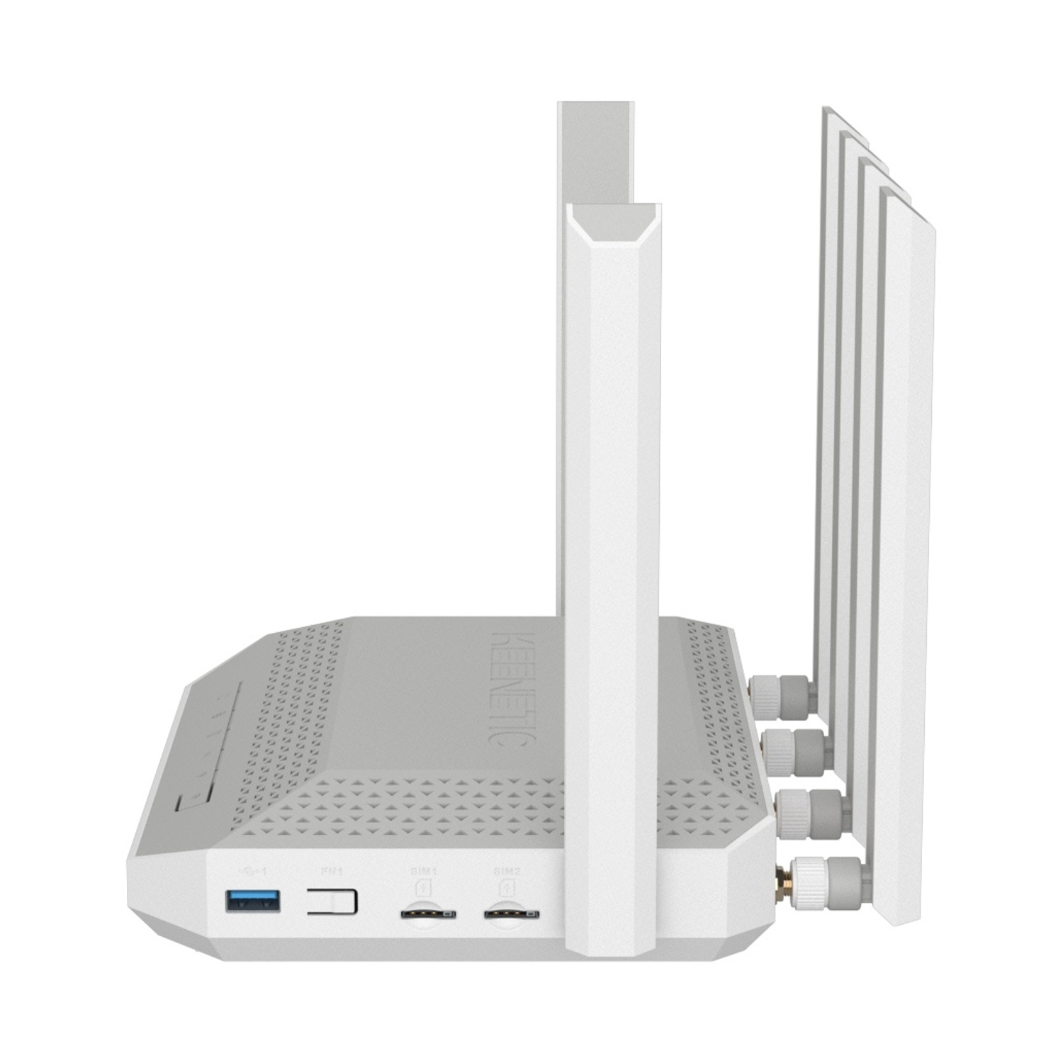 Un router bianco con antenne e porte.