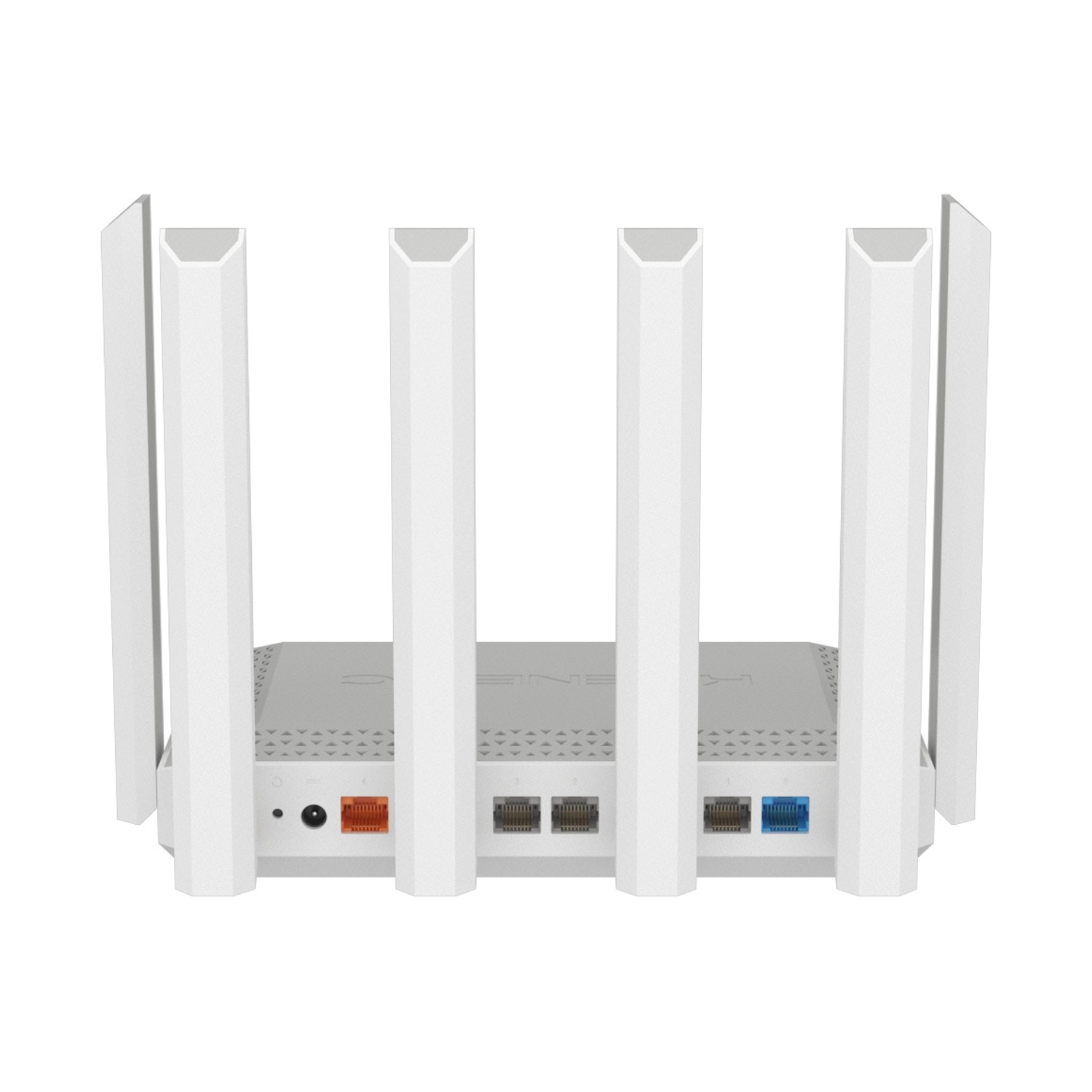 Un router bianco con quattro antenne e porte Ethernet.