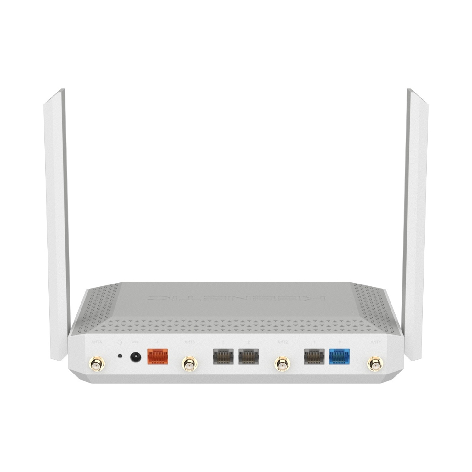 Un router WiFi bianco con due antenne e diverse porte Ethernet.