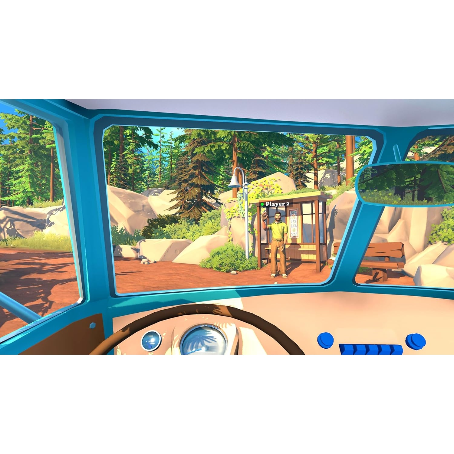 Man at bus stop in woods, view from car driver's seat.