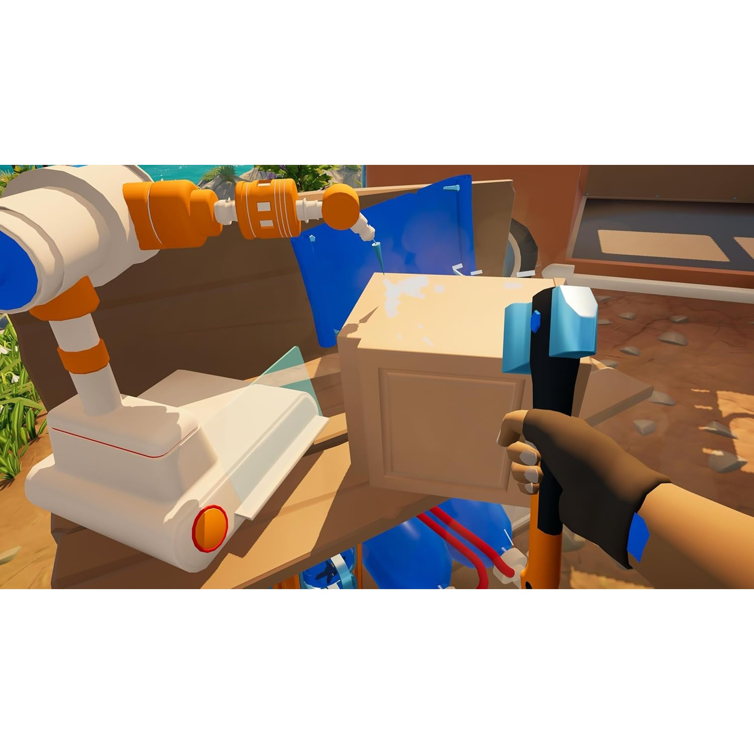 A hand in a brown glove holds a blue and black axe over a cardboard box.