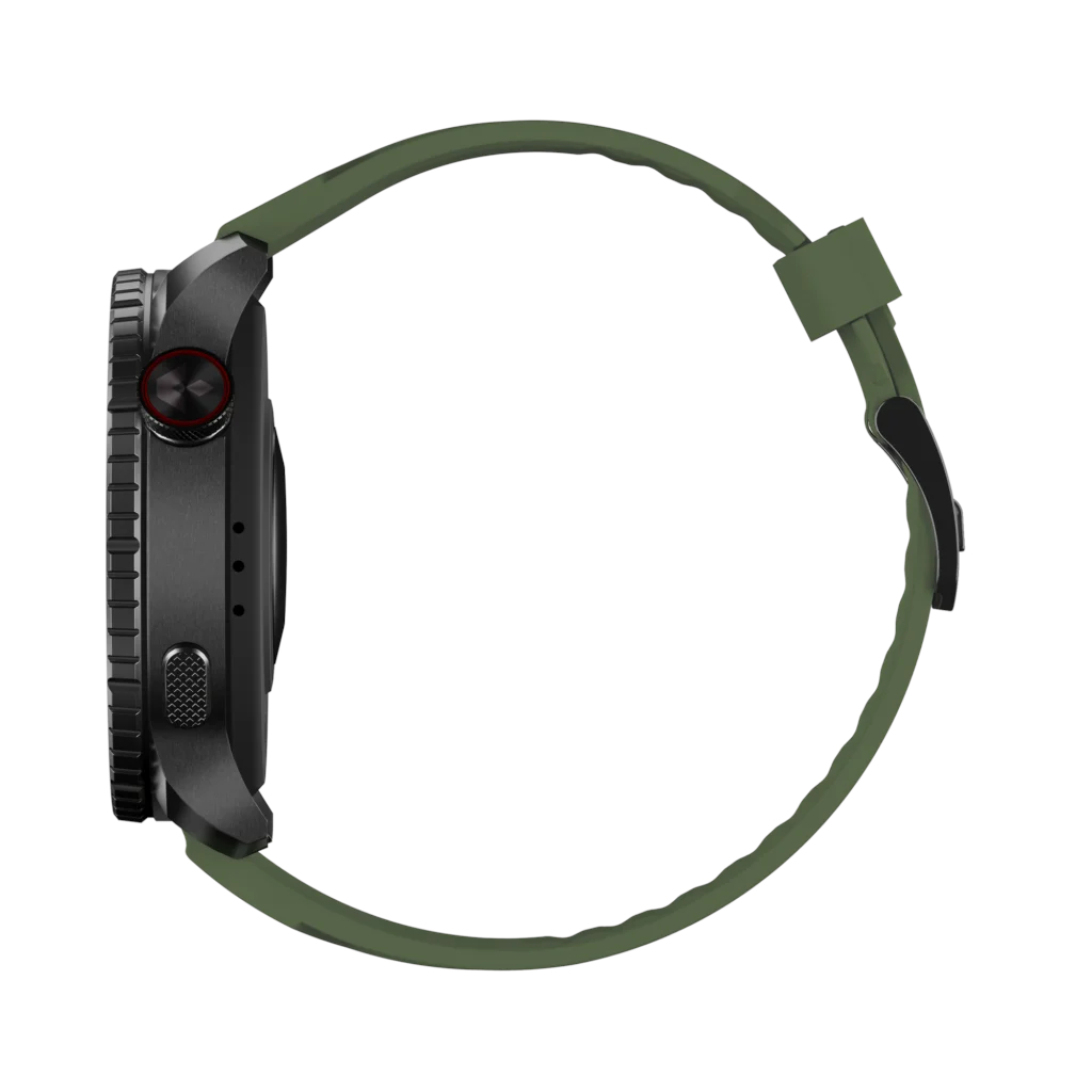 Czarny smartwatch z zielonym paskiem, widok z boku.