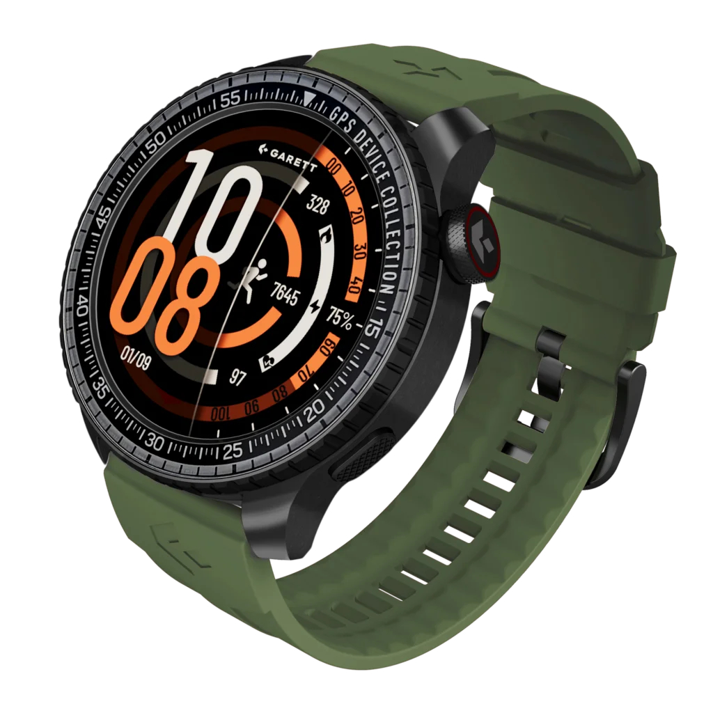 Zielony smartwatch z czarną tarczą i pomarańczowymi akcentami na białym tle.