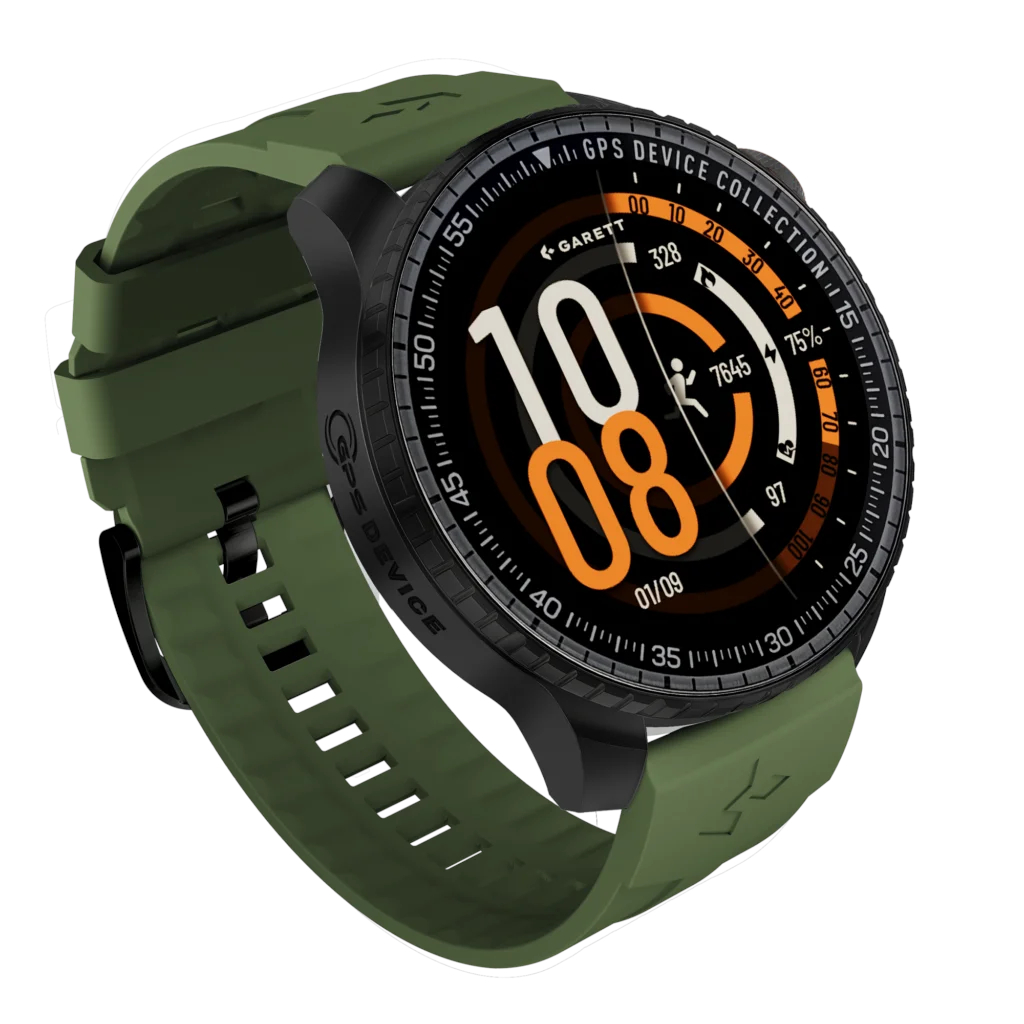 Zielony smartwatch z czarną tarczą, cyfrowym czasem 10:08 i metrykami.