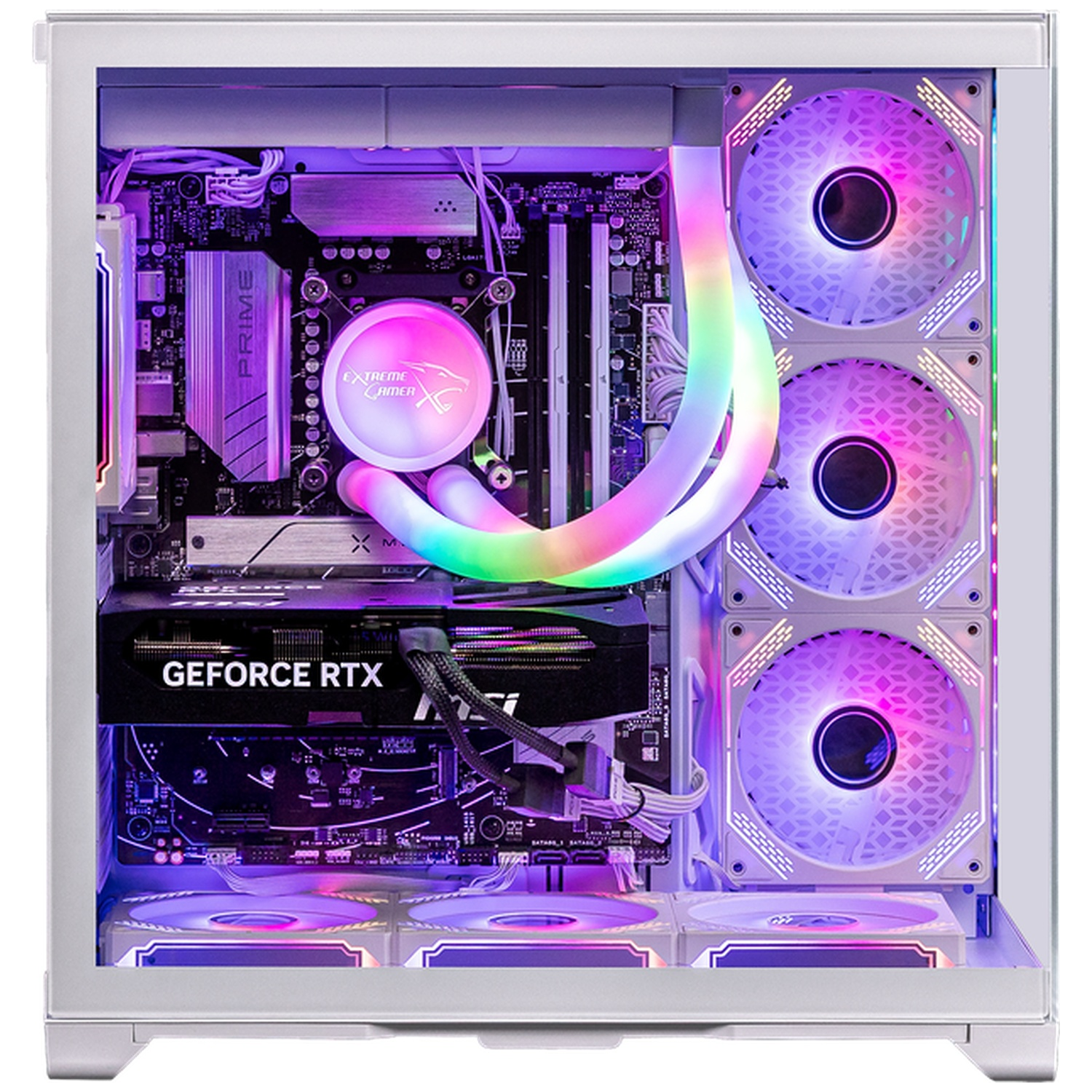 A white PC case with RGB fans and a GeForce RTX graphics card.