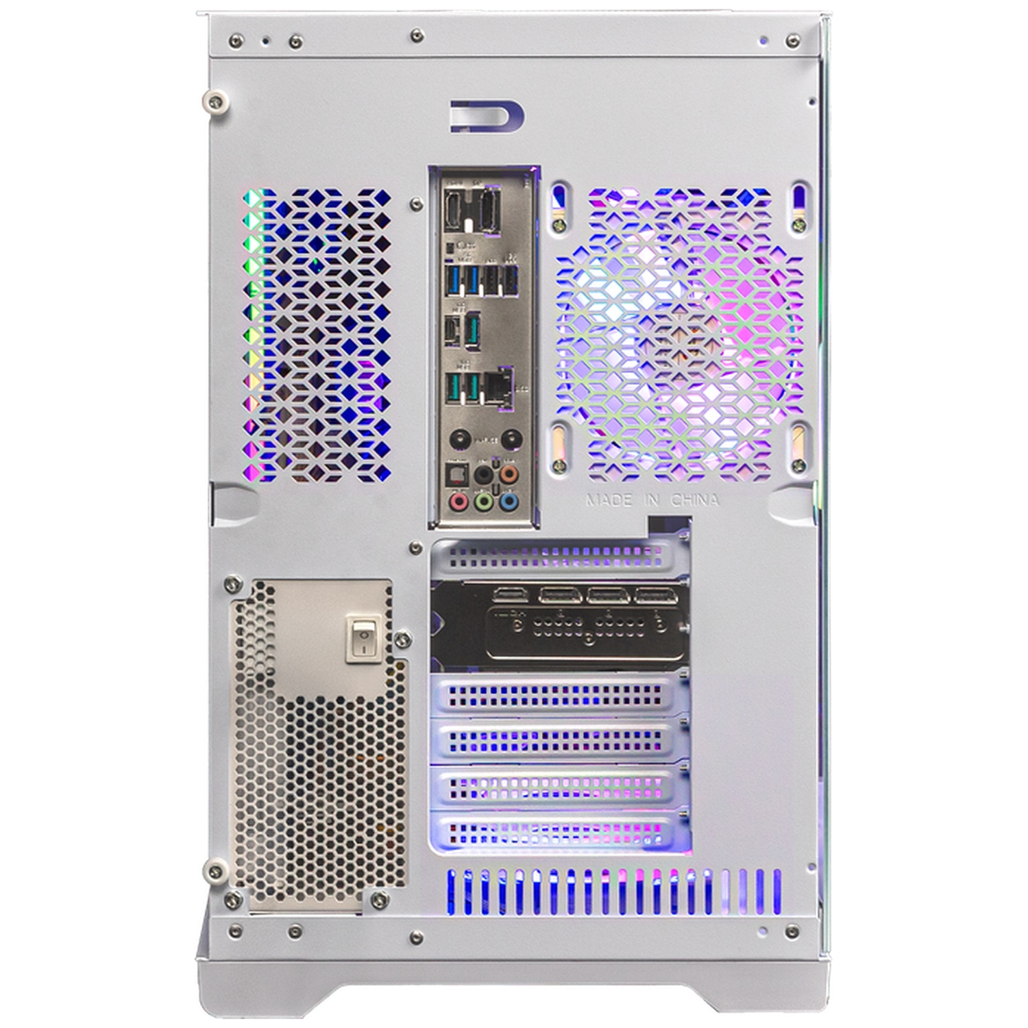 Rear view of a white computer case showing ports and RGB fans.