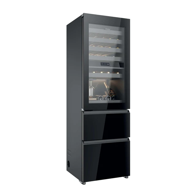 Vinoteca negra con puerta de cristal y dos cajones, iluminada.