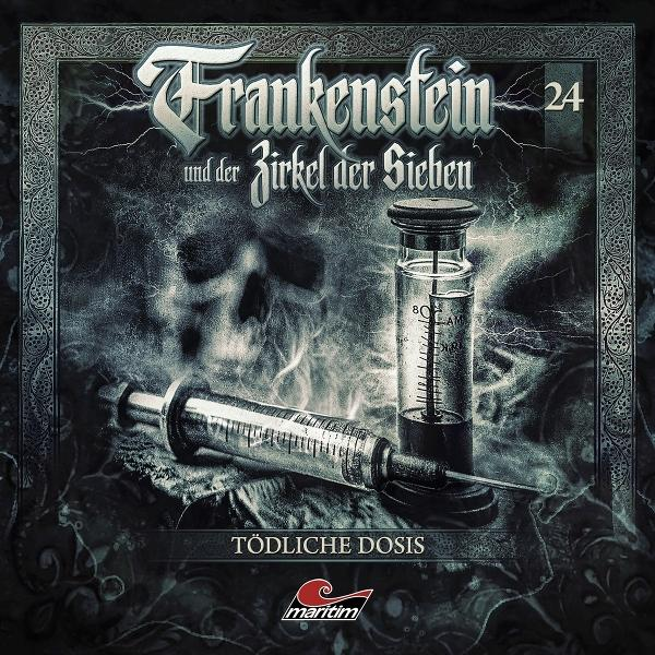 Ein Totenkopf im Nebel, eine Spritze und ein Röhrchen. Titel: Frankenstein 24.