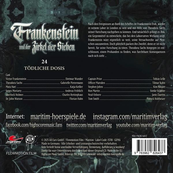 Cover mit Titel 'Frankenstein und der Zirkel der Sieben', Episodentitel '24 Tödliche Dosis'.