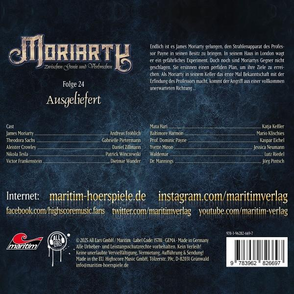 Cover von Hörspiel "Moriarty". Enthält Titel, Folgennummer, Text und Castliste.