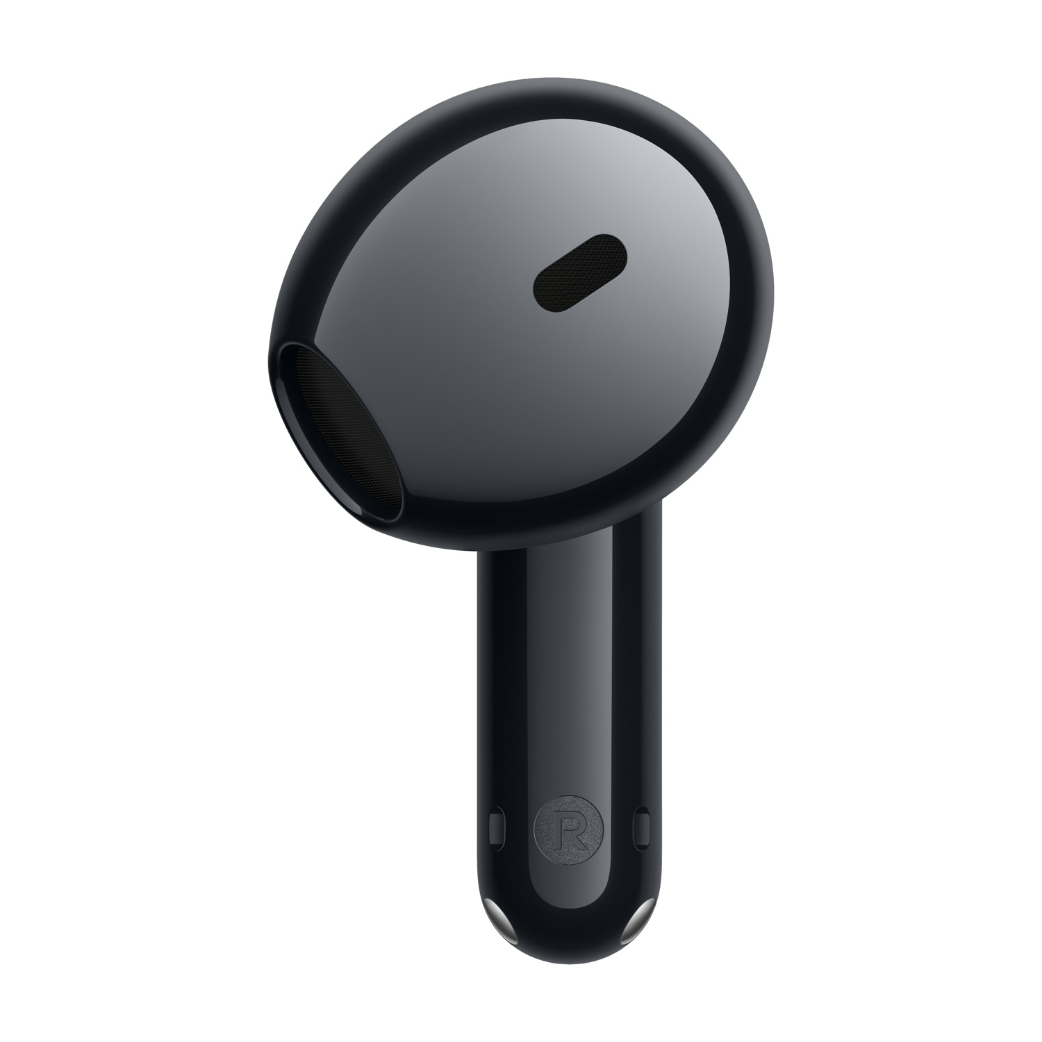 Un auricolare wireless nero su sfondo bianco.