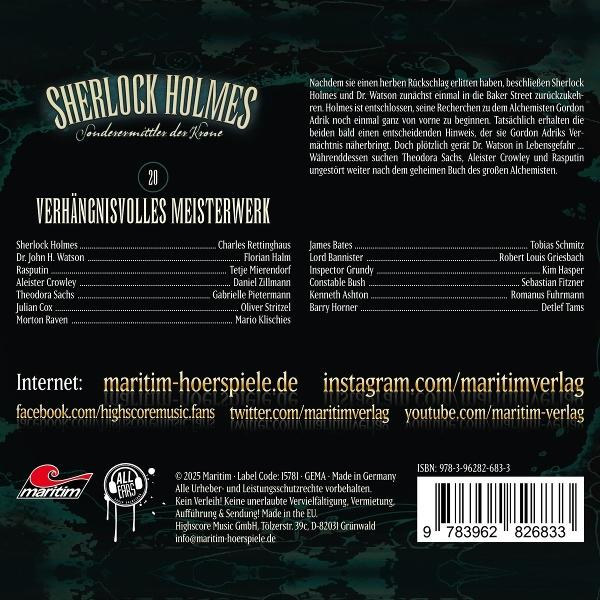 Sherlock Holmes Hörspiel "Verhängnisvolles Meisterwerk" mit Sprecherliste und Links.