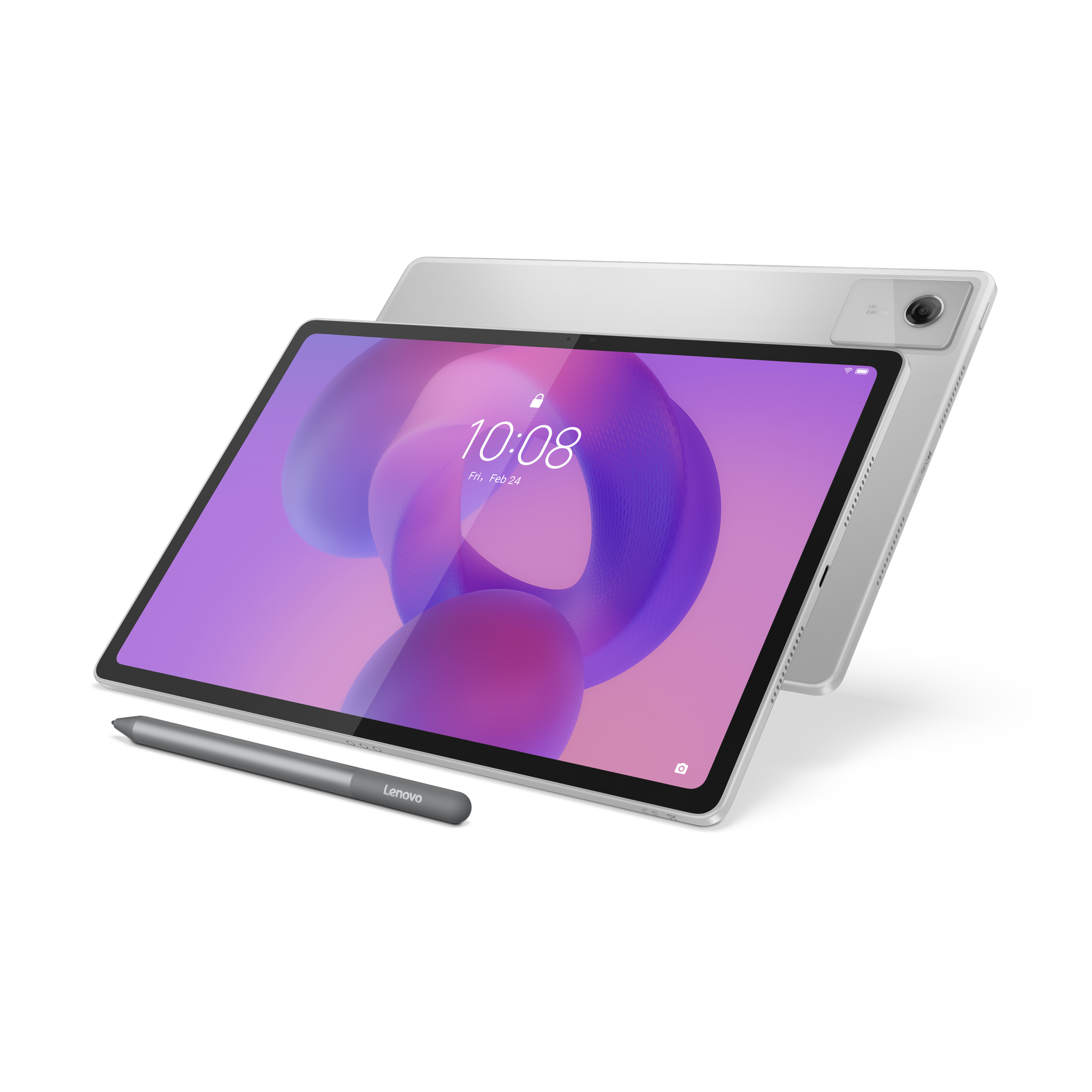 Srebrny tablet z rysikiem, leżący na czarnym tle. Godzina 10:08.