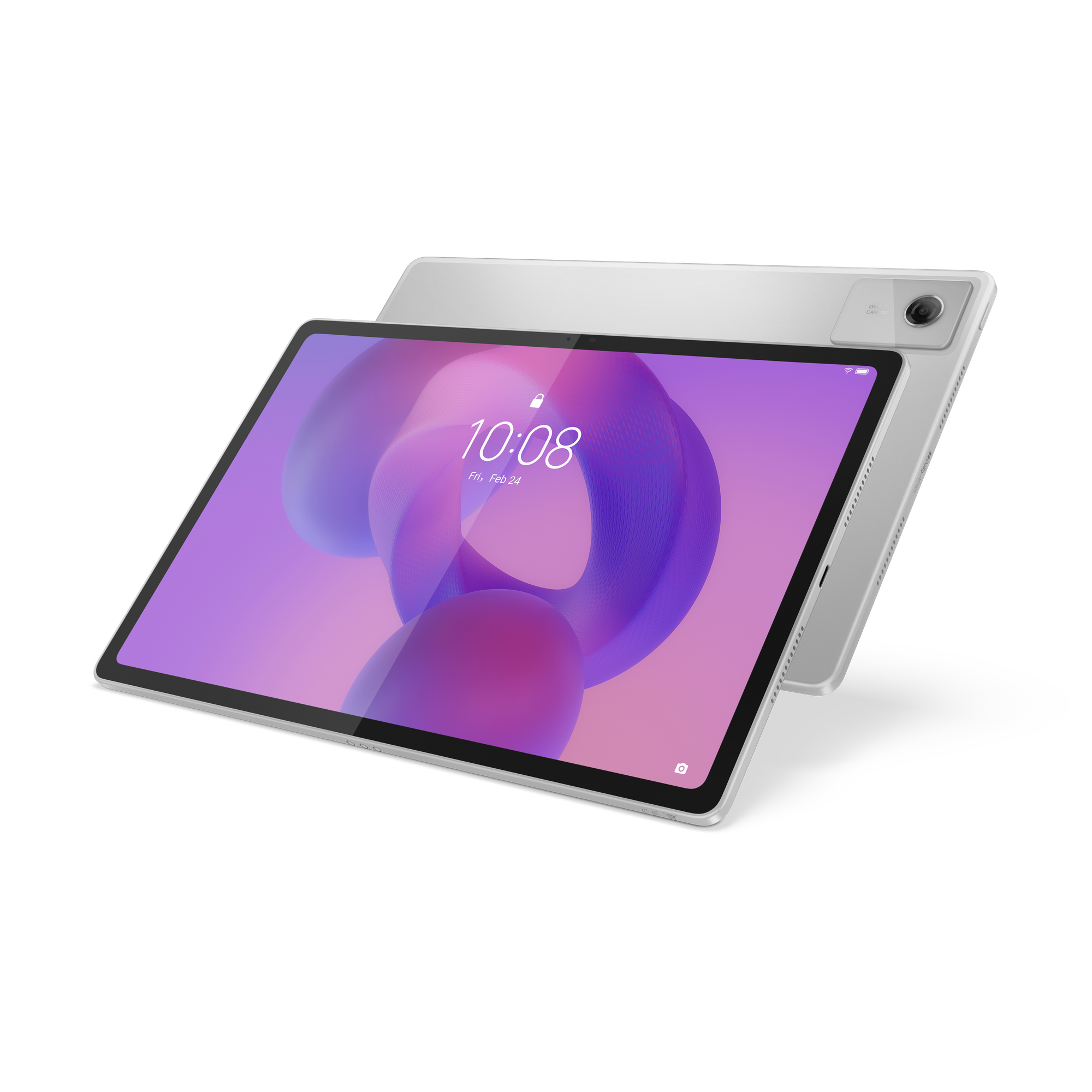 Srebrny tablet z fioletowym tłem i godziną 10:08.