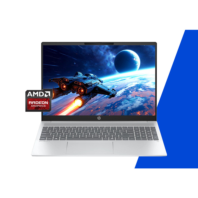 Srebrny laptop z widokiem kosmosu i statkiem kosmicznym na ekranie.