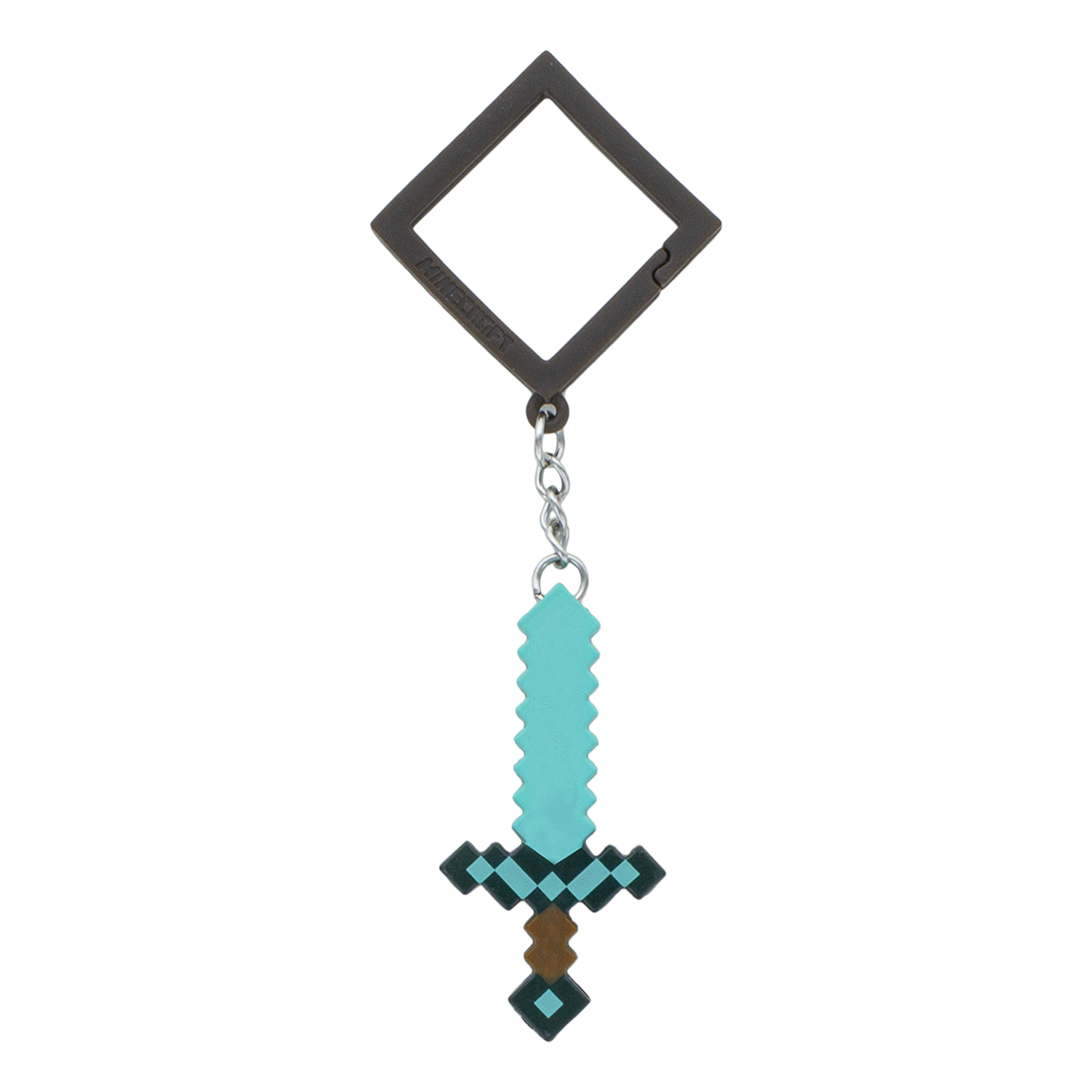 Ein Minecraft Diamantschwert-Schlüsselanhänger mit braunem Griff und einem dunklen Rahmen.