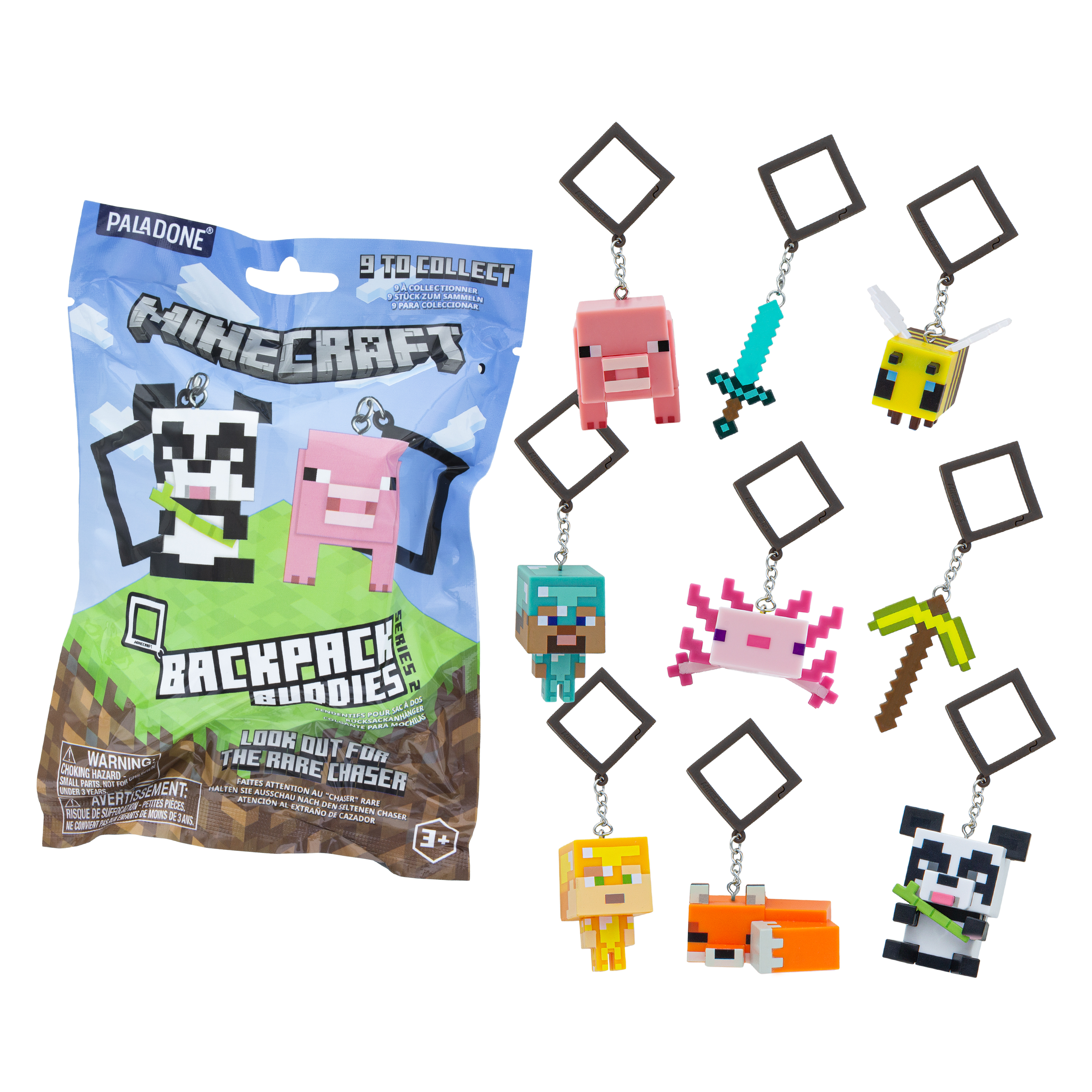 Minecraft-Schlüsselanhänger: Schwein, Schwert, Biene, Spieler, Axolotl, Spitzhacke, Fuchs, Panda.