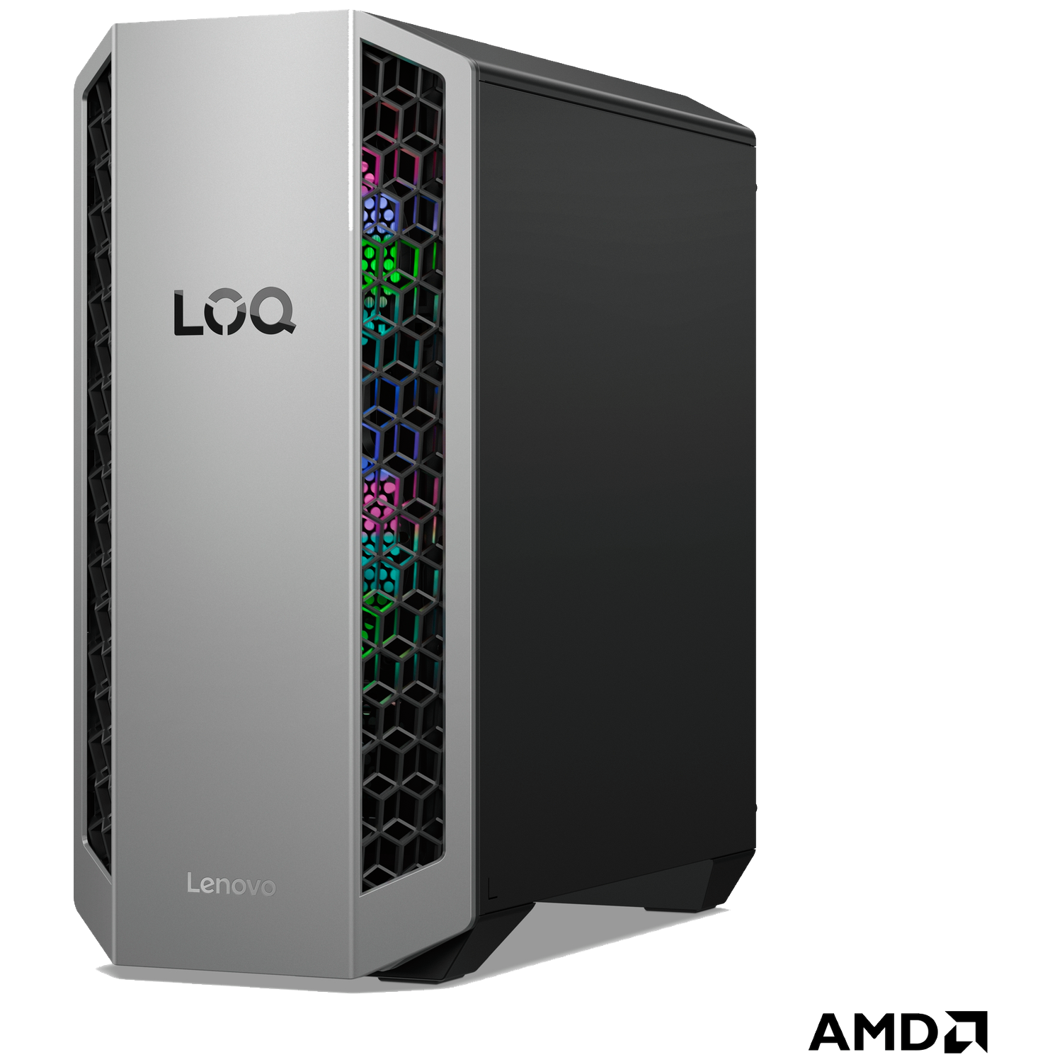 Grijze en zwarte gaming-pc met kleurrijke RGB-verlichting achter een honingraatrooster.