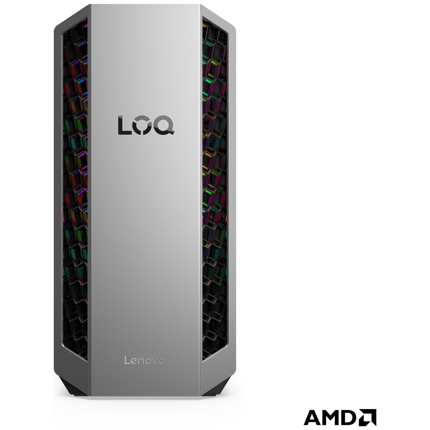 Een zilveren gaming-pc met LOQ en Lenovo logo's en kleurrijke verlichting.