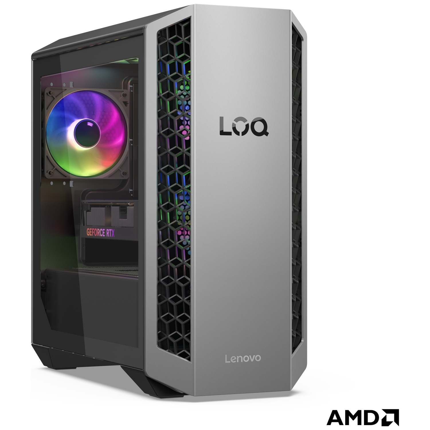 Een zilveren gaming-pc met RGB-ventilator en glazen zijpaneel.