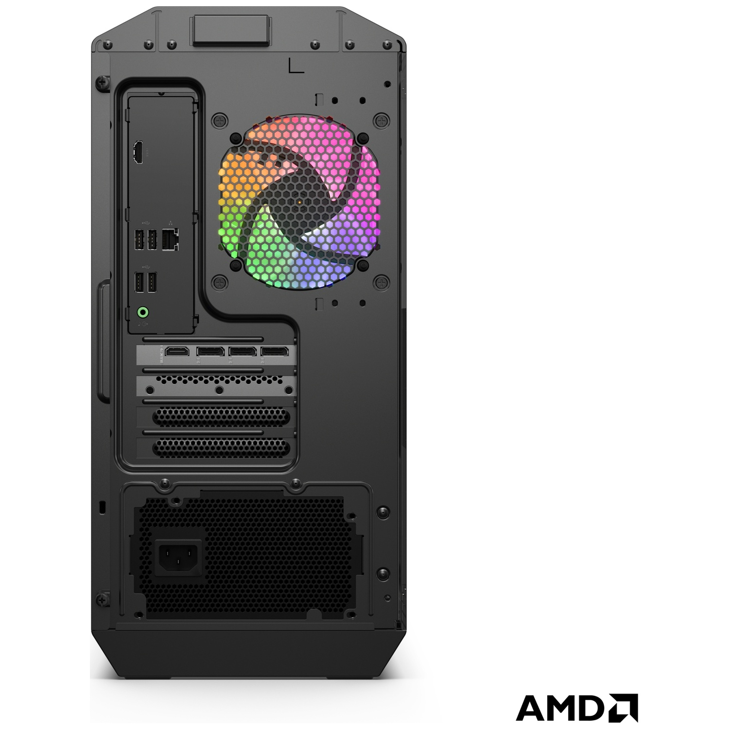 Achterkant van een zwarte pc met RGB-ventilator en poorten.