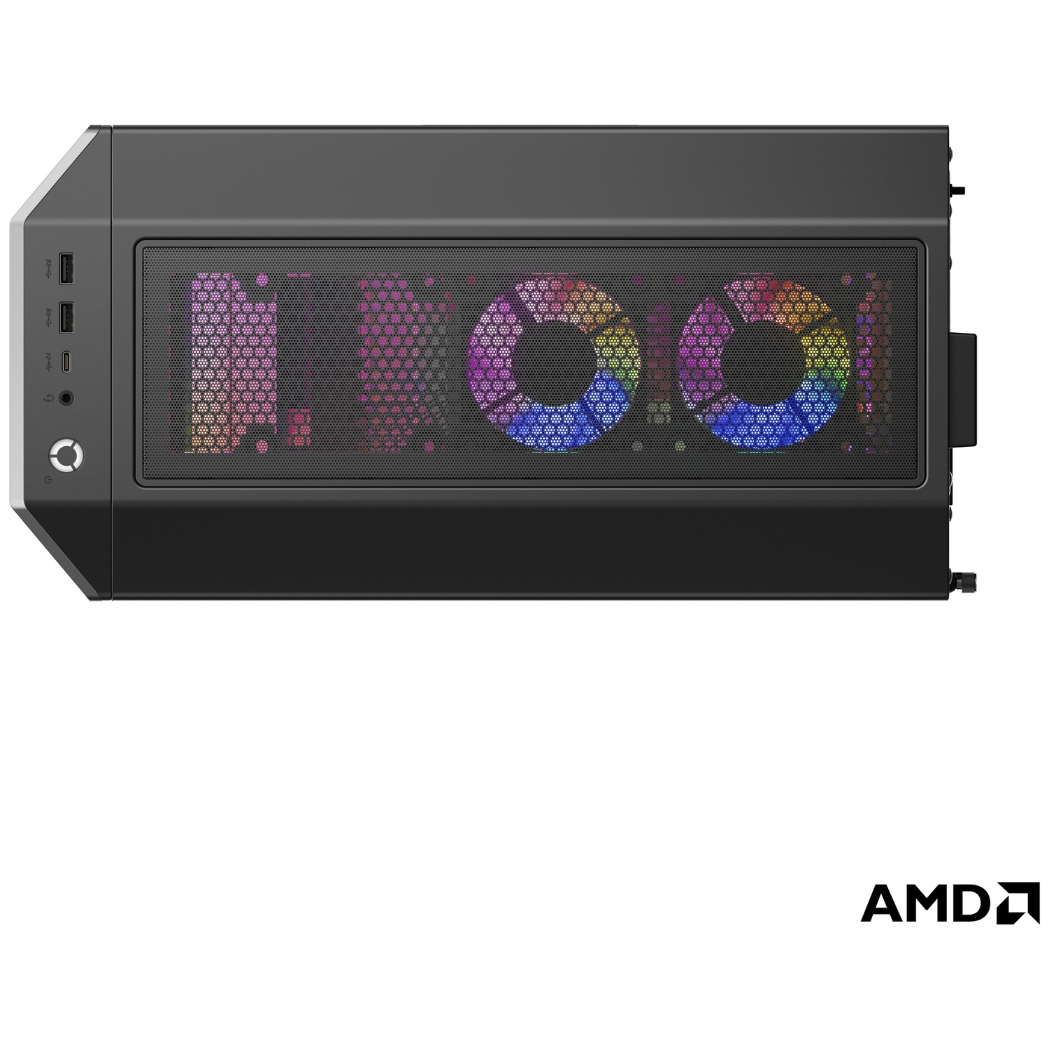 Zwarte pc-behuizing met verlichte ventilatoren en voorpaneelpoorten. AMD logo.