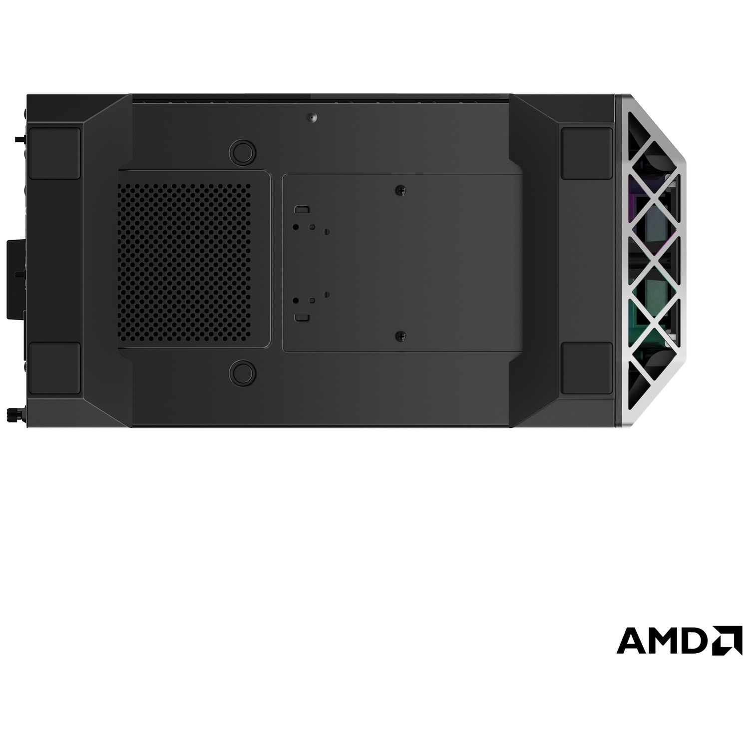 Zwarte computerkast van bovenaf met ventilatieopeningen en AMD-logo.