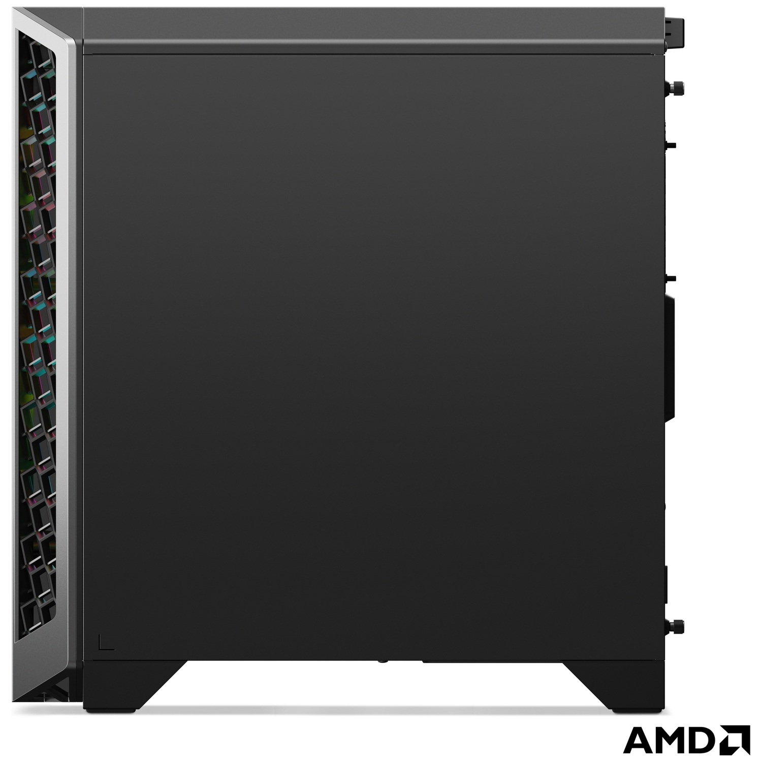 Zwarte computerkast met ventilatieroosters en AMD-logo.