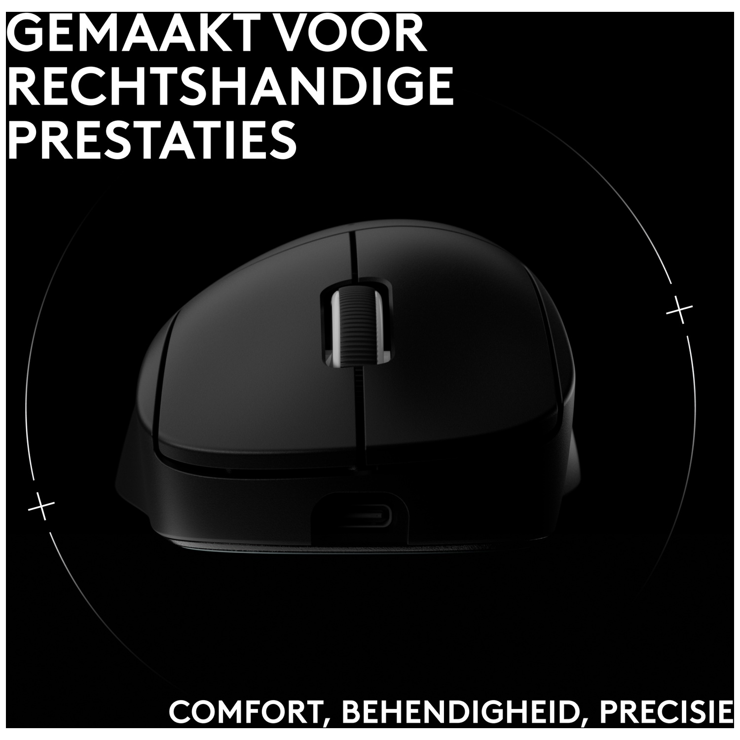 Black ergonomic mouse for right-handers, with scroll wheel and USB-C.