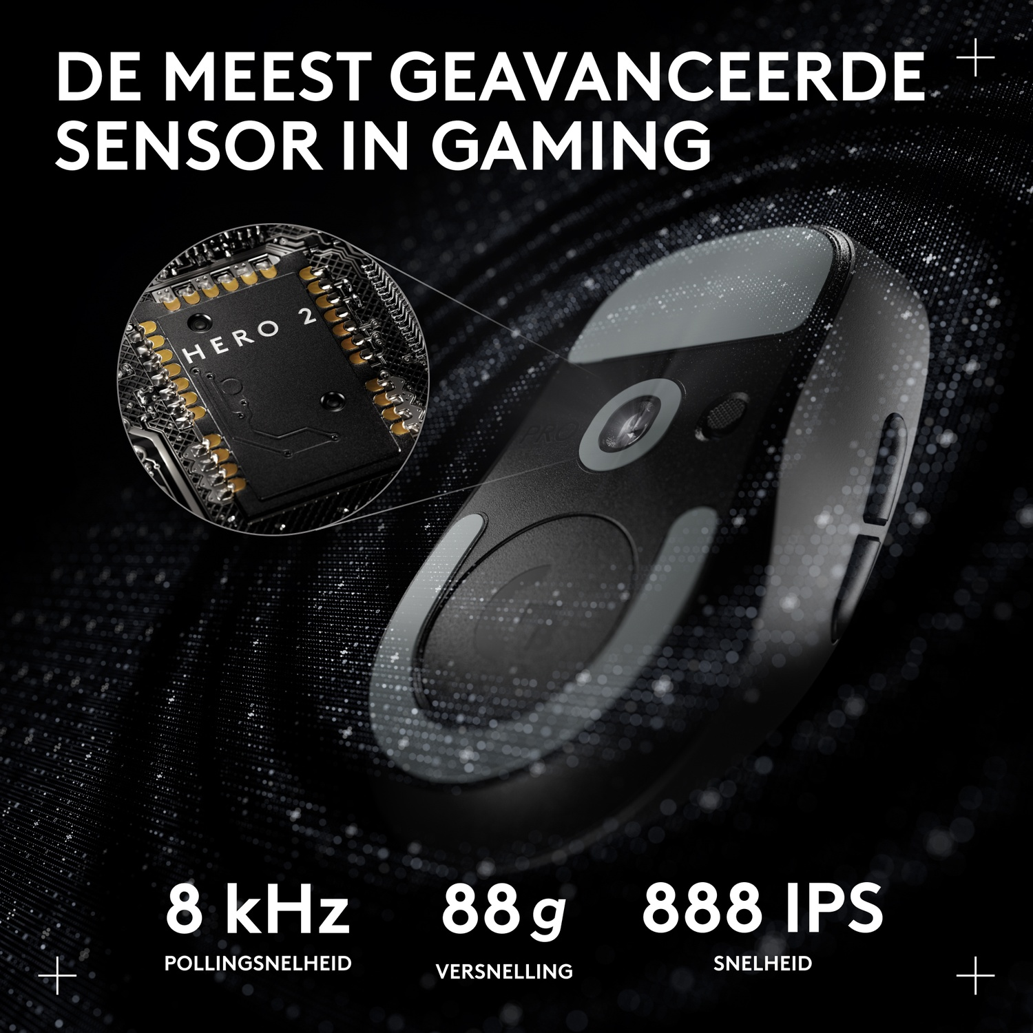 Gaming mouse with HERO 2 sensor, 8 kHz polling rate, 88g weight, 888 IPS.