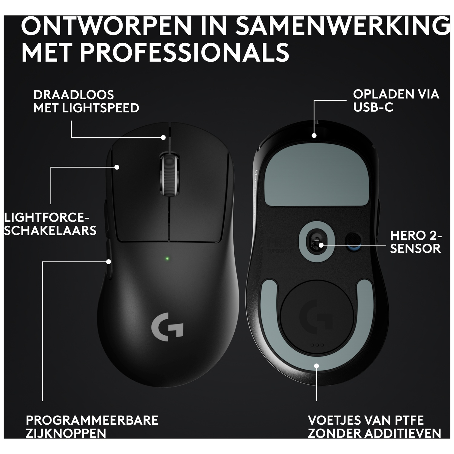 Black Logitech mouse: top with scroll wheel, bottom with sensor & USB-C port.
