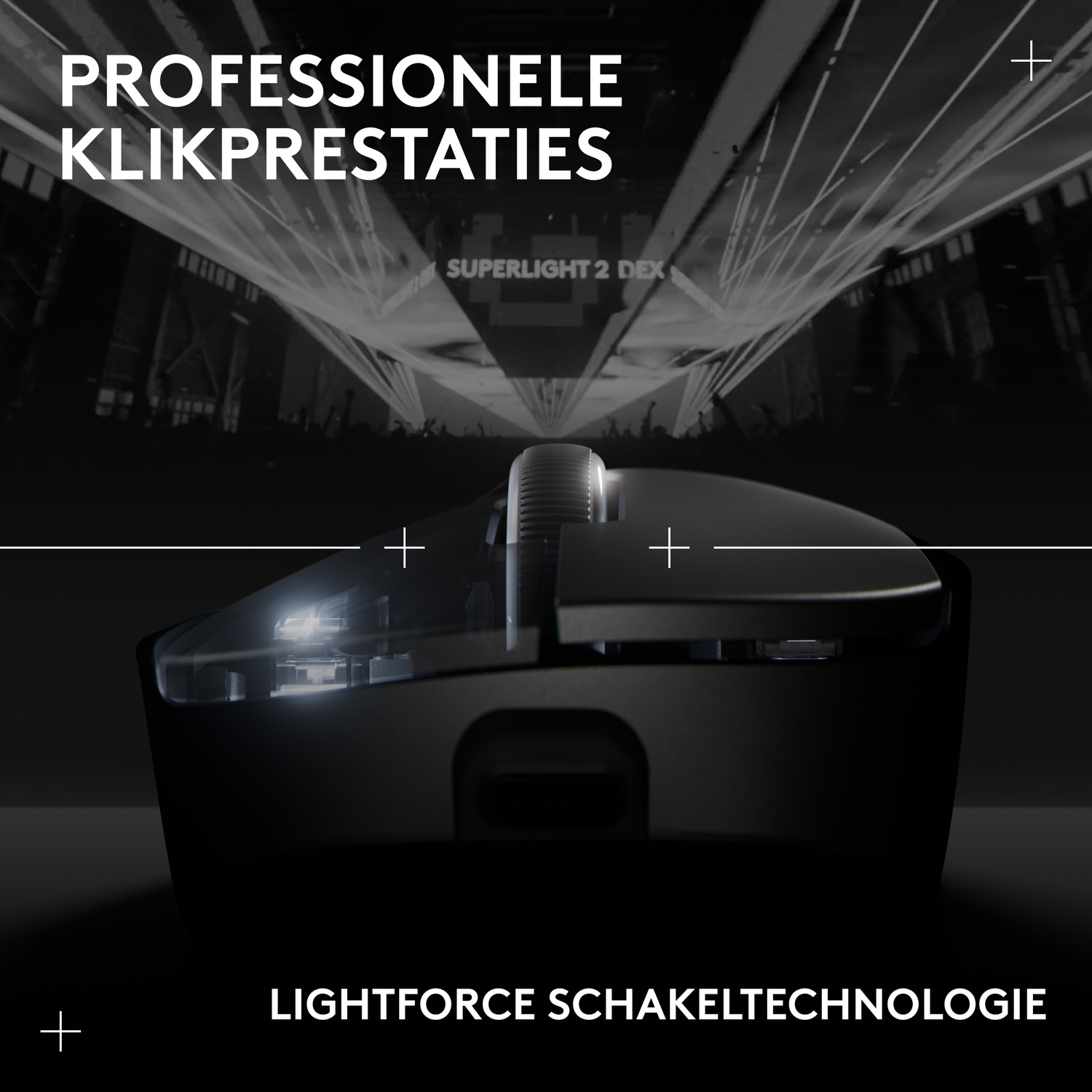 Black and gray image of a gaming mouse with light effects in the background.
